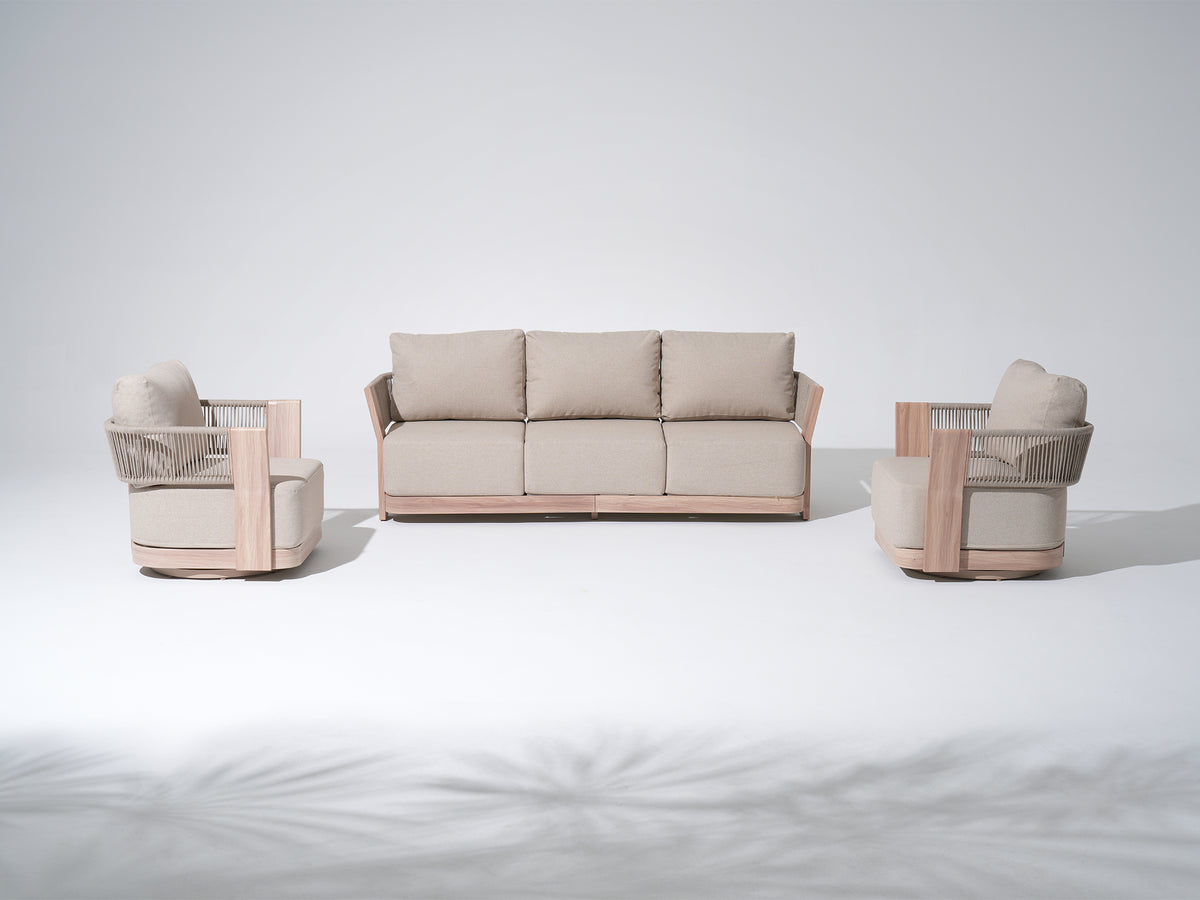 Bosa Rope Rattan Outdoor Conversation Set with Swivel Chair, Mixed Tables & Linen Cushions