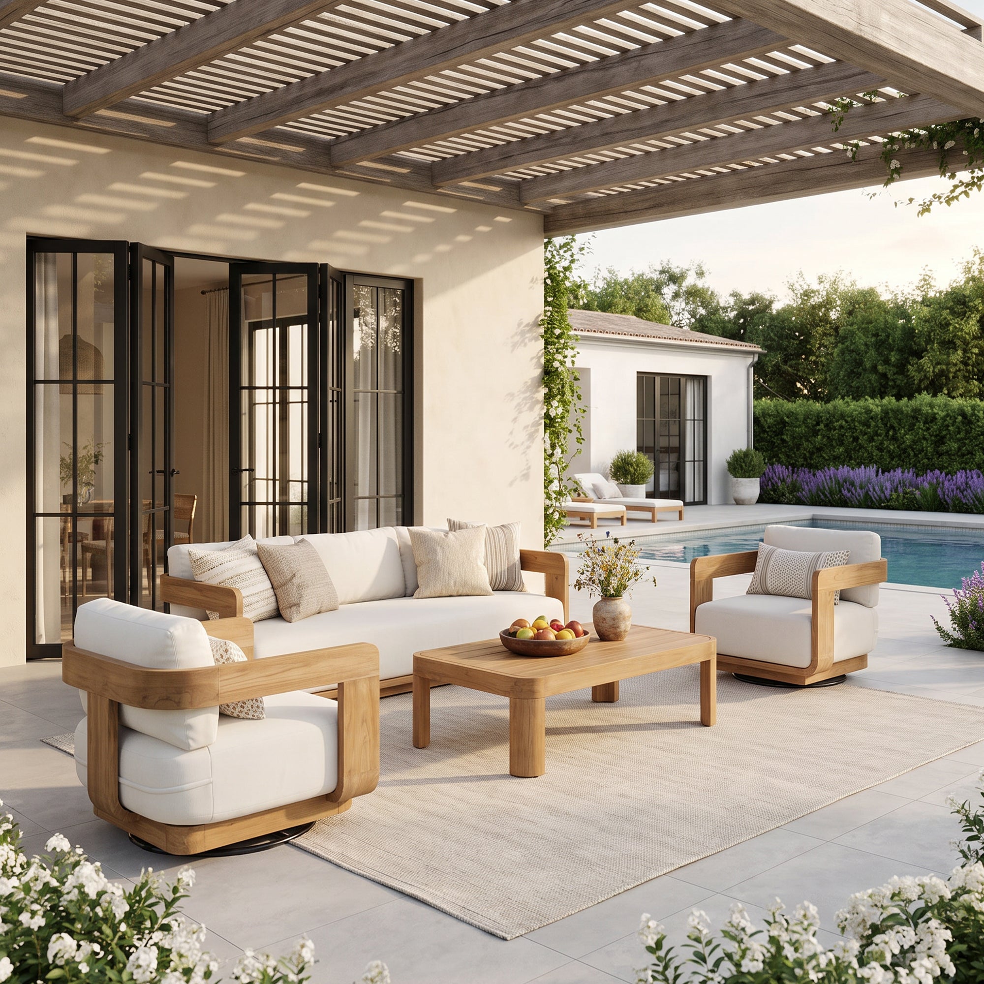 Sintra FSC-Certified Solid Teak Outdoor Lounge Set, 2 Swivel Chairs, Olefin Cushions
