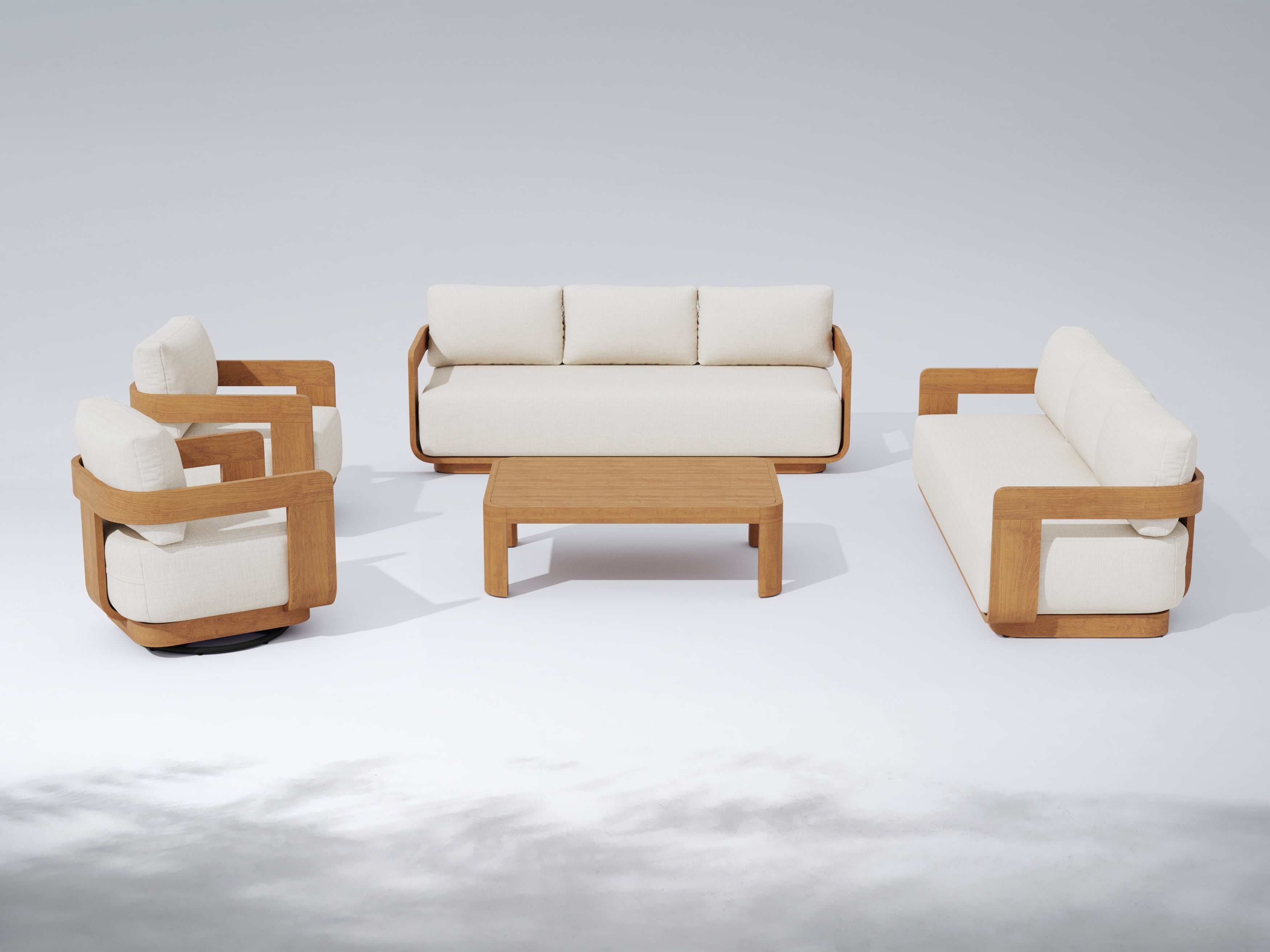Sintra 5-Piece FSC Solid Teak Outdoor Conversation Set with Swivel Chairs, White Cushions