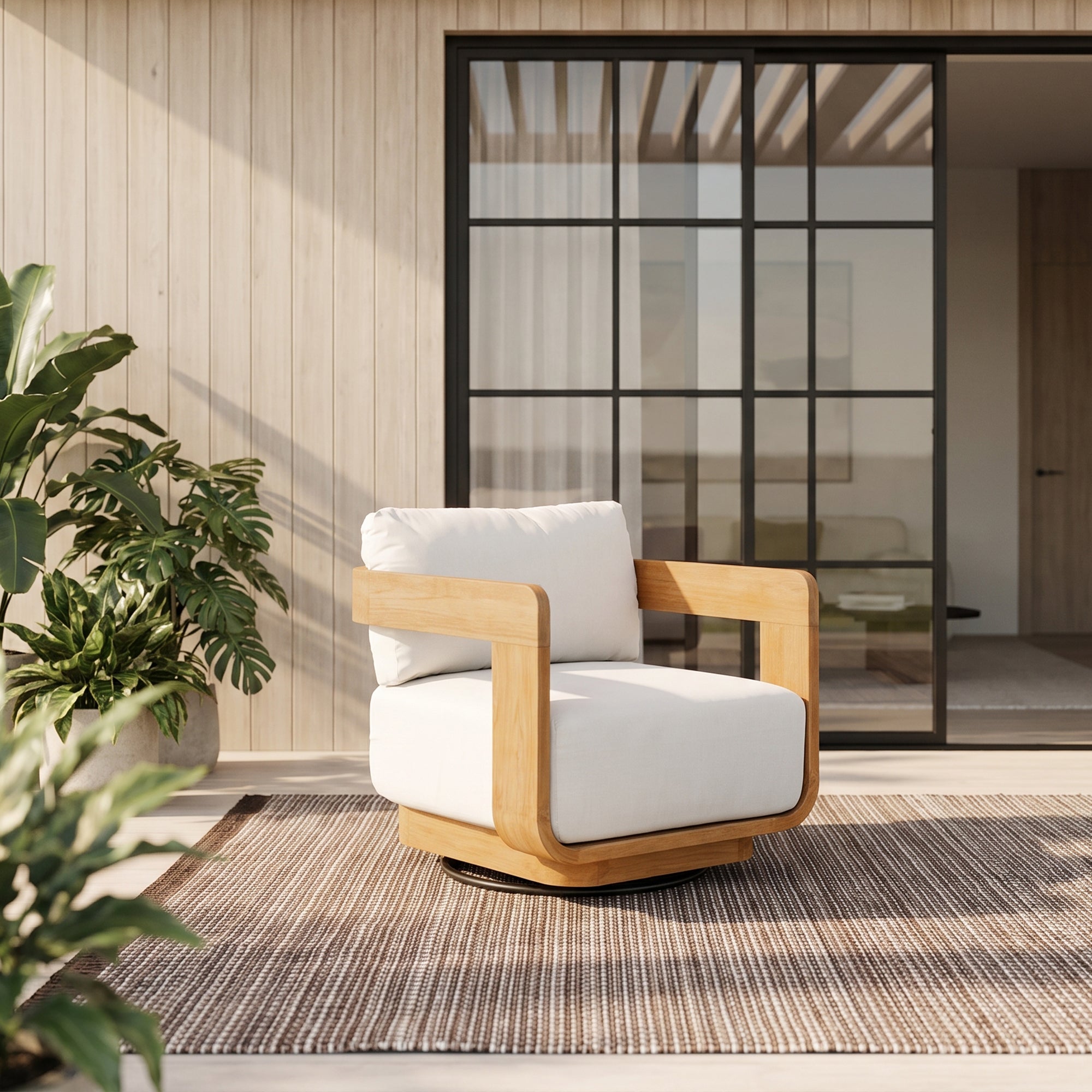 Sintra Teak Outdoor Swivel Chair, FSC-Certified Solid Sculptural Frame with Cream Olefin Cushions