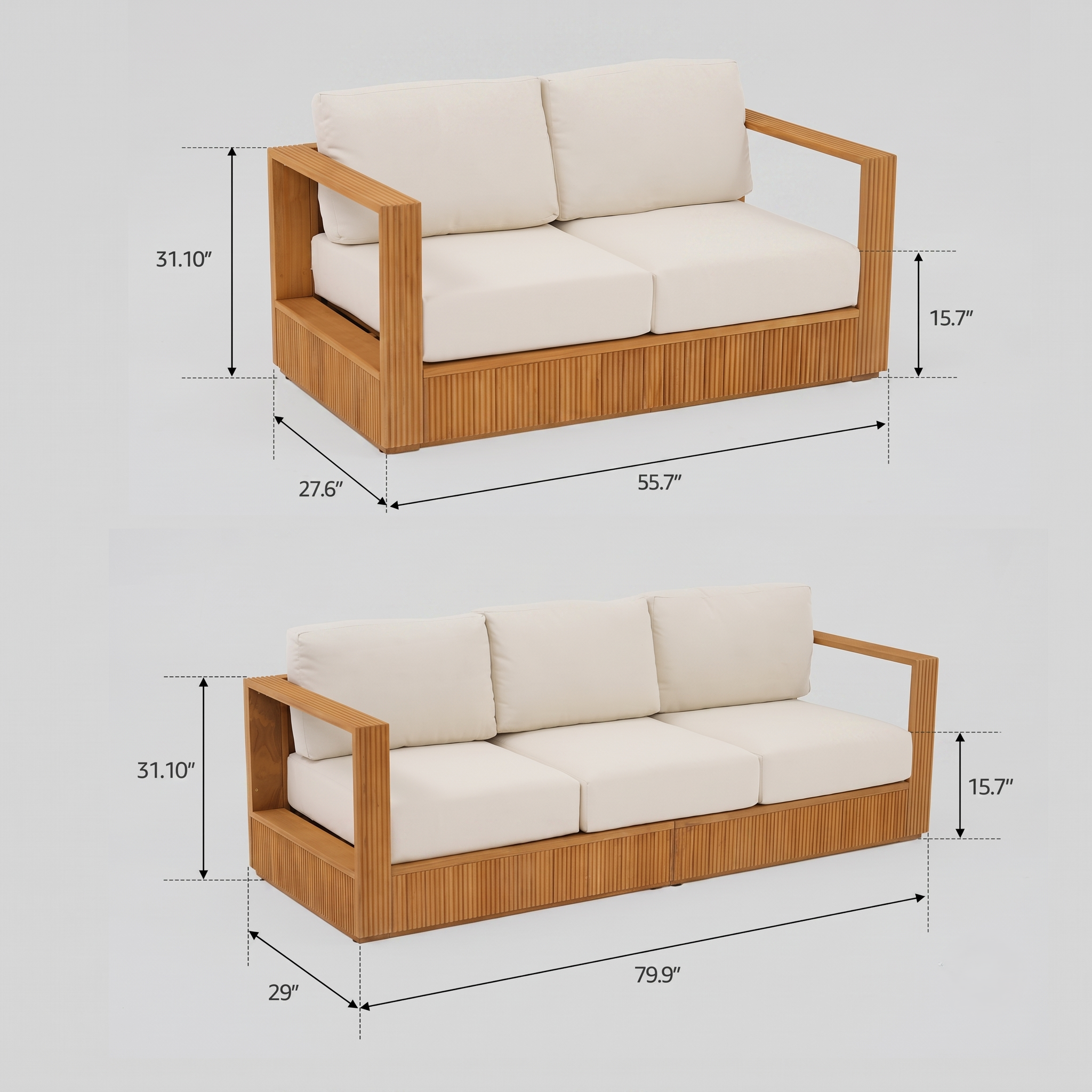 Luber 7-Seater Teak Sofa Set, Solid Slatted Frame, FSC Teak & Olefin Cushion