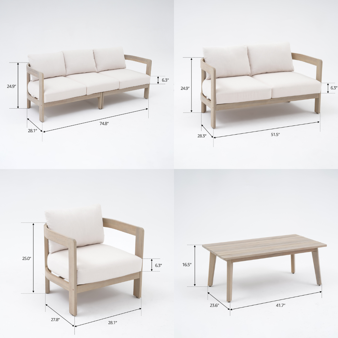 Cali 7 Seats Curved Acacia Lounge Set, Mixed Tables & 6.3''Thick Cushions