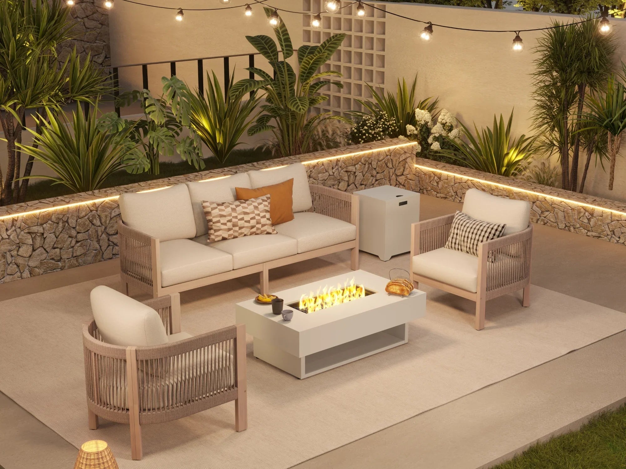Foristern 5 seats acacia Wooden Outdoor Furniture Conversation Set with Fire Pit table - Jardina Modern Premium Outdoor Patio Furniture Sets