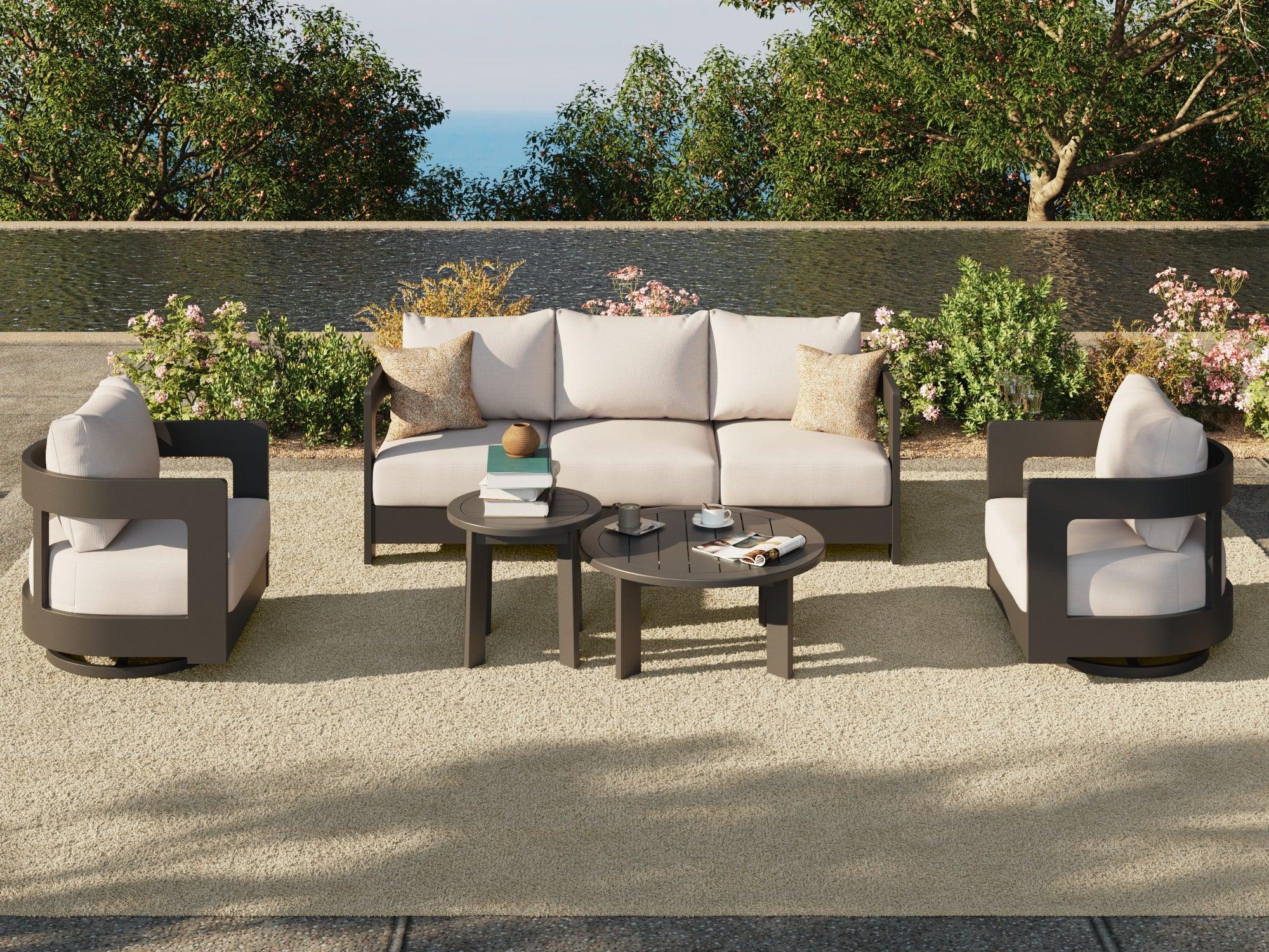 Modern Aluminum Outdoor furniture conversation Set with Swivel Chairs, Black Frame & White Sunbrella® Cushions, two coffee tables