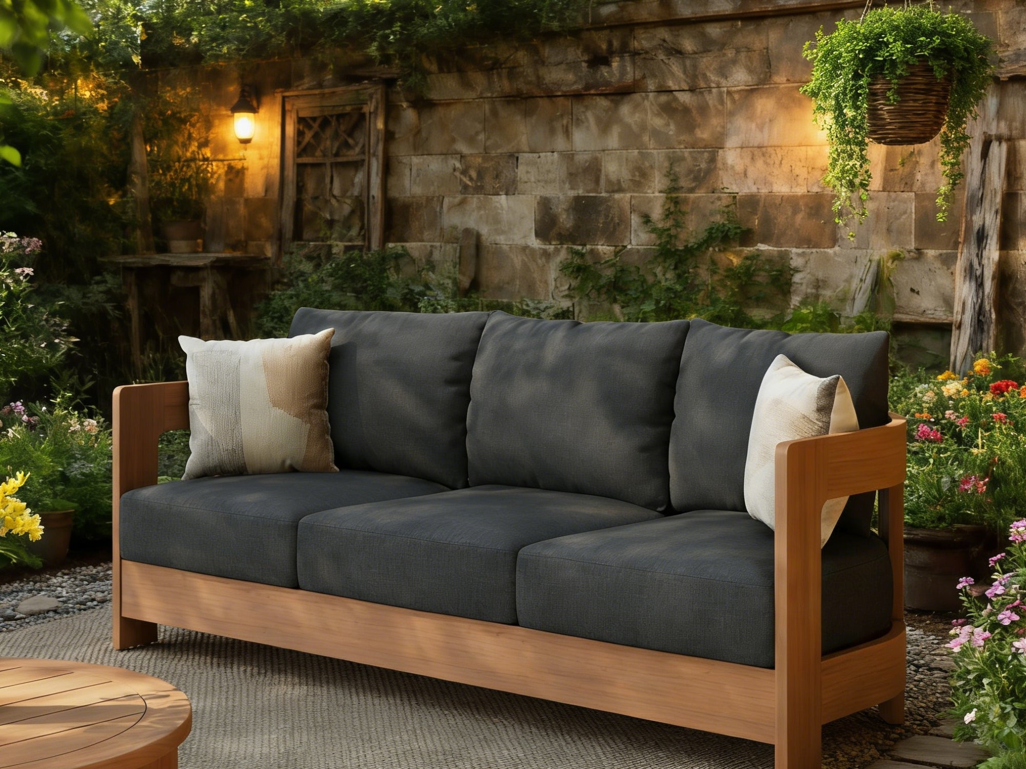 Eucalyptus Wood 3-seat outdoor sofa with black cushions - Jardina Modern Premium Outdoor Patio Furniture