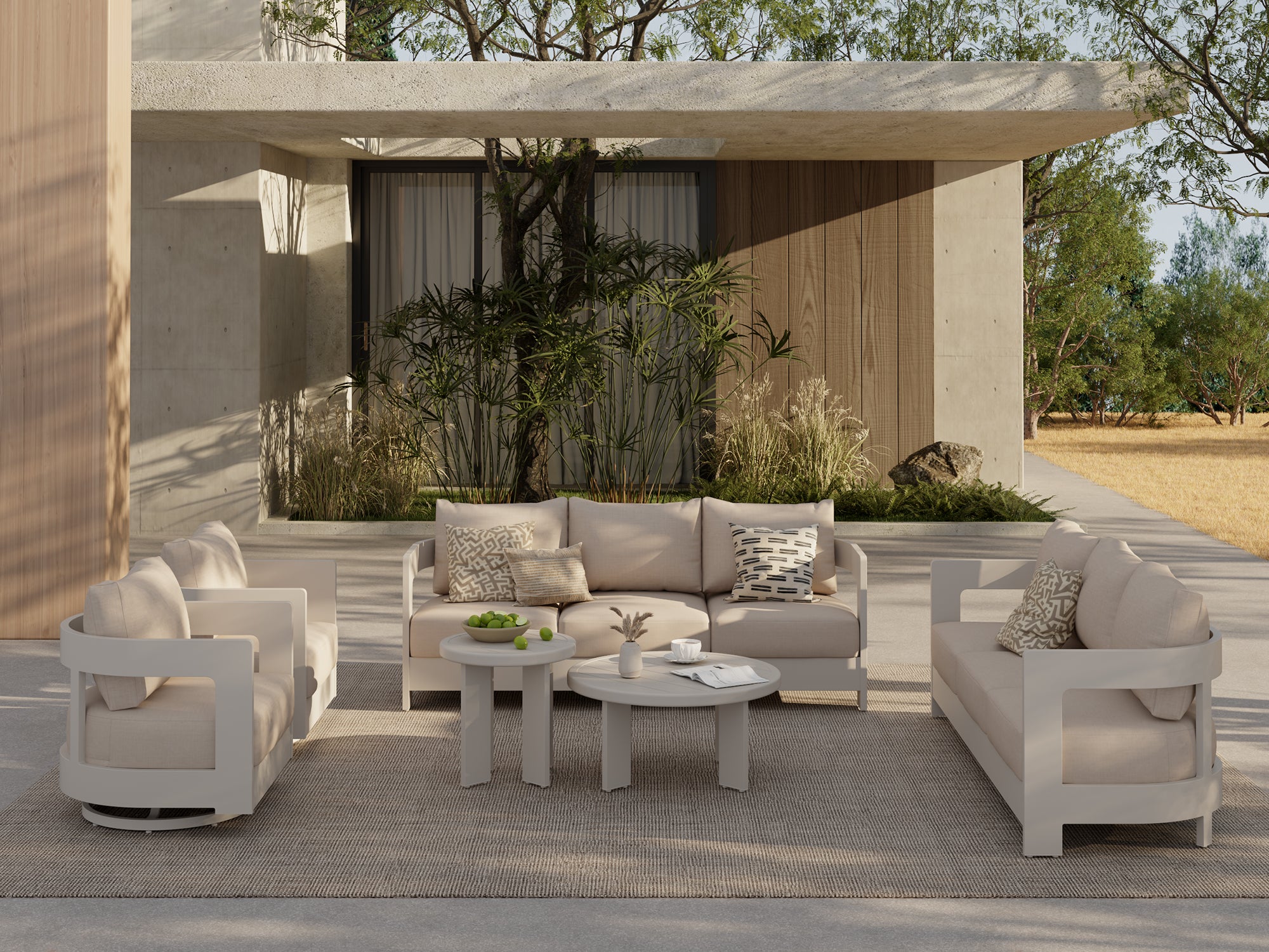 Sova Modern Aluminum Patio Conversation Set with Swivel Chairs, Mixed Tables, Light Beige Cushions