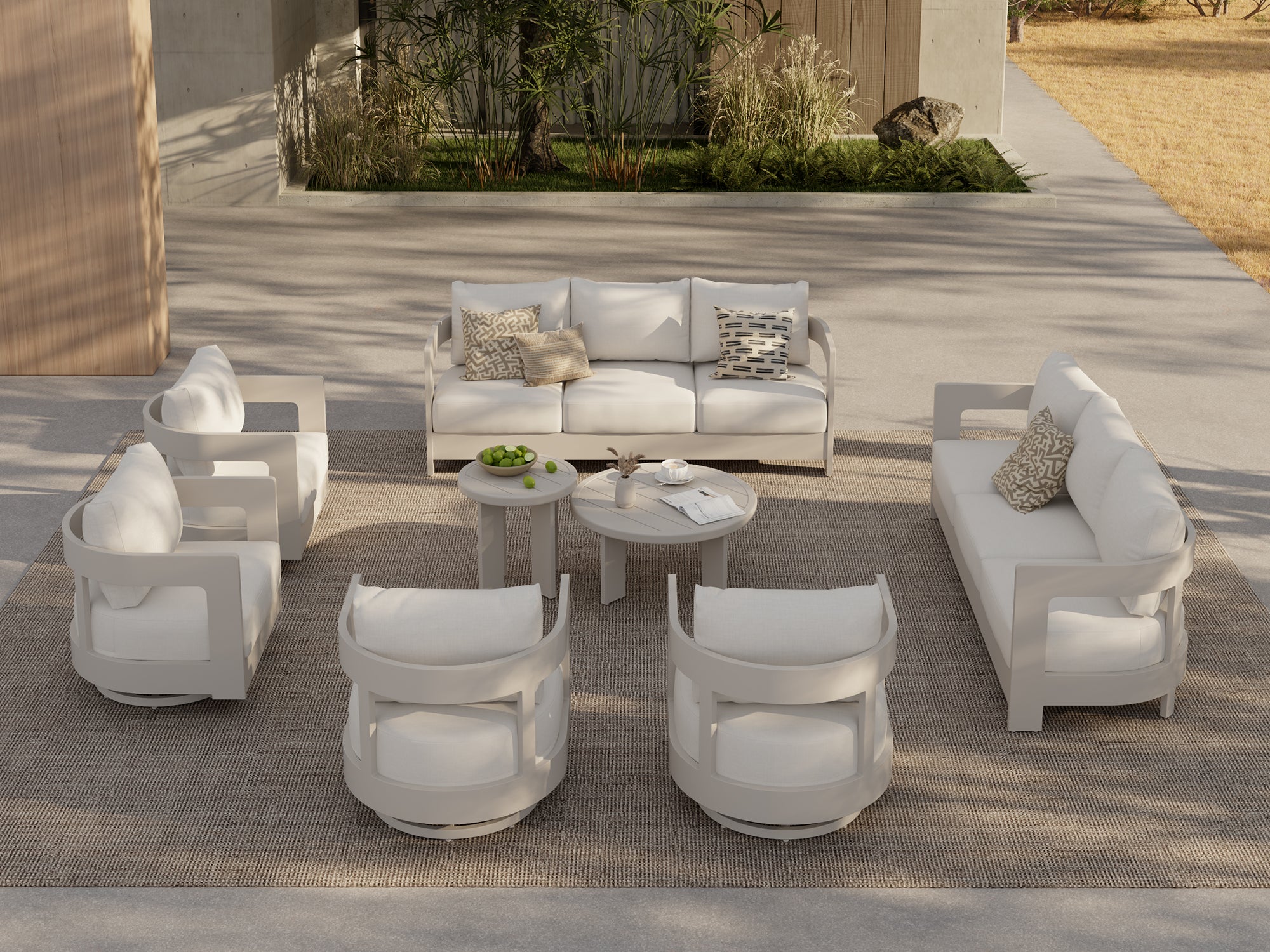 Sova Modern Aluminum Patio Conversation Set with Swivel Chairs, Mixed Tables, Light Beige Cushions