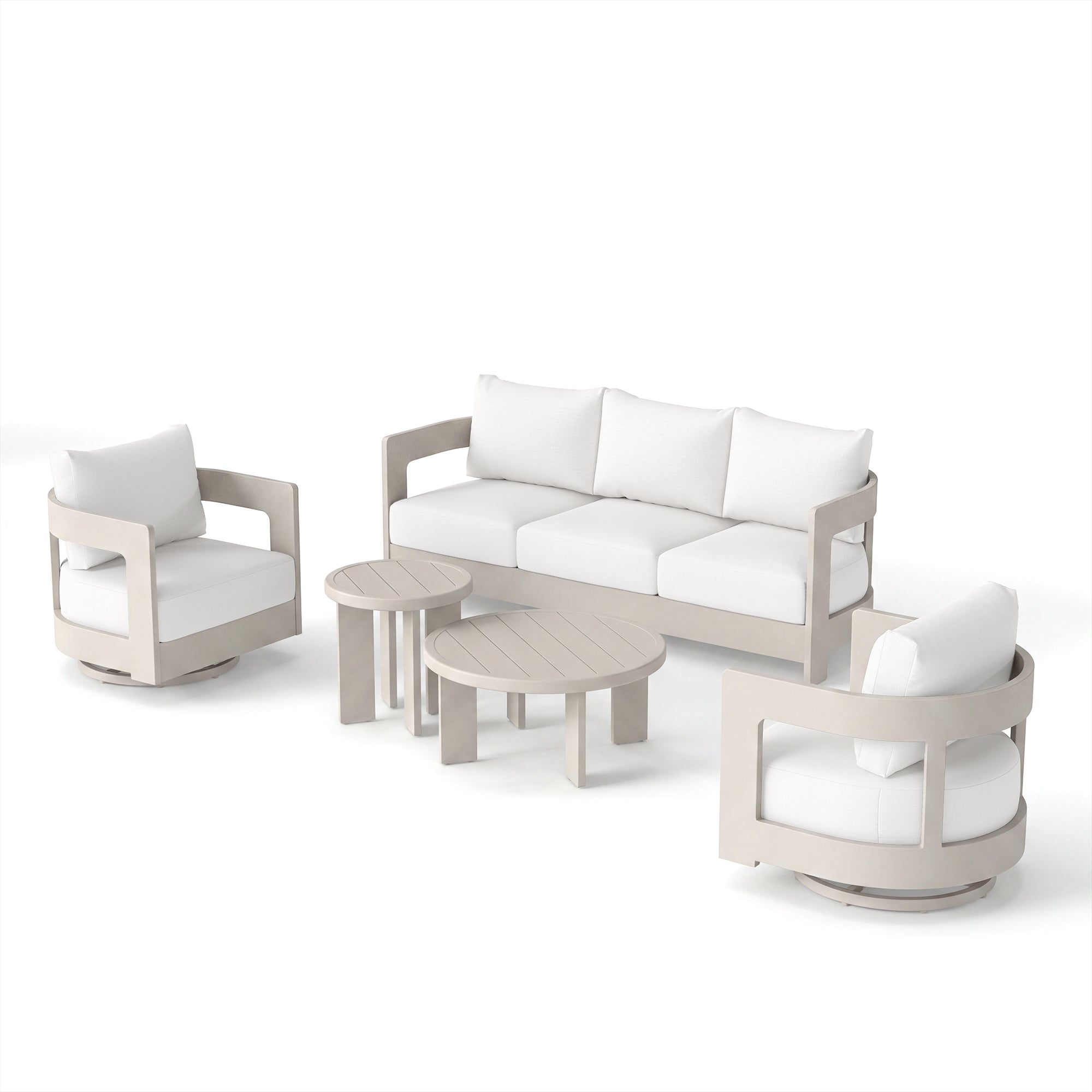 Sova Modern Aluminum Outdoor Sofa Set with Swivel Chairs, Mixed Tables, Light Beige Cushions