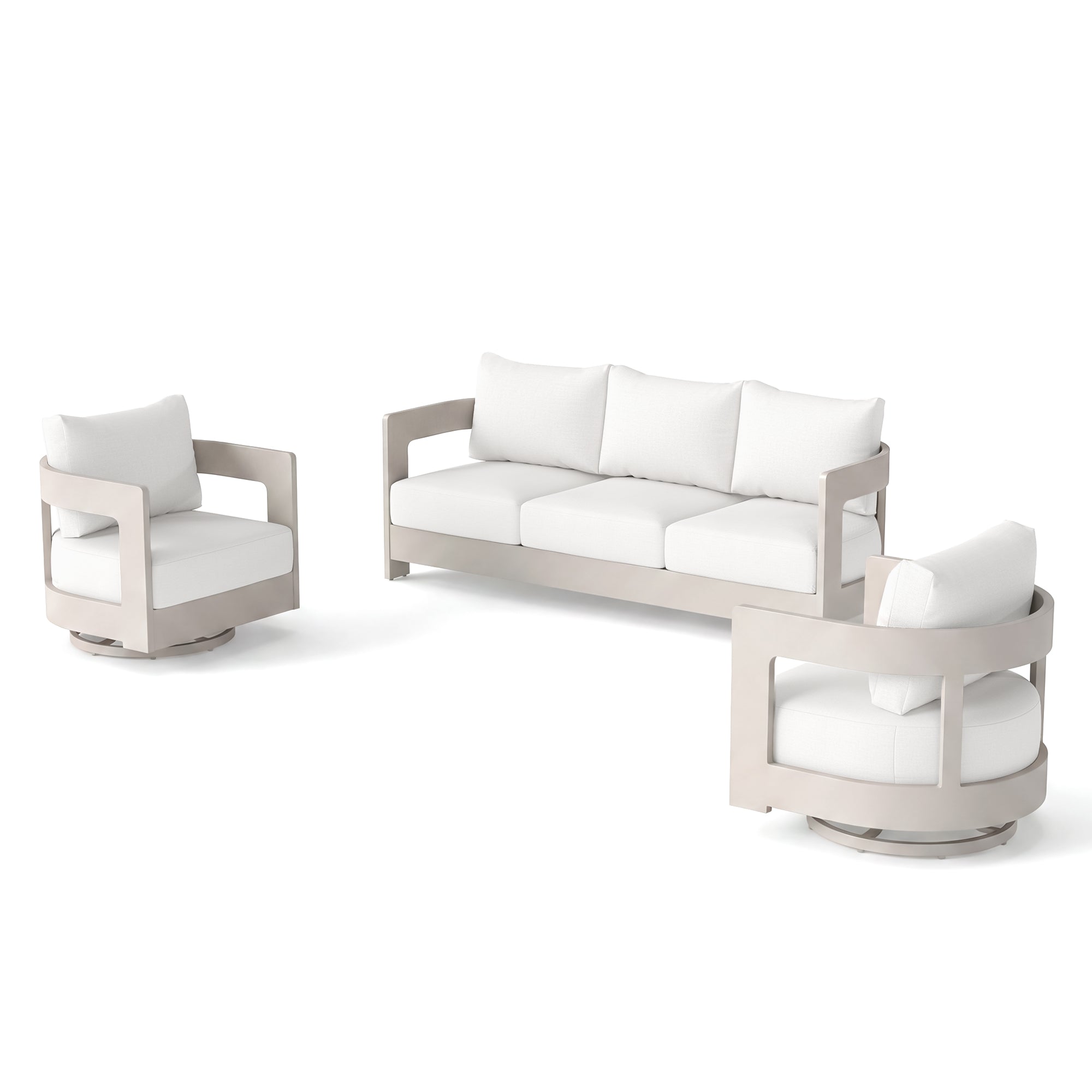 Sova Modern Aluminum Outdoor Sofa Set with Swivel Chairs, Mixed Tables, Light Beige Cushions
