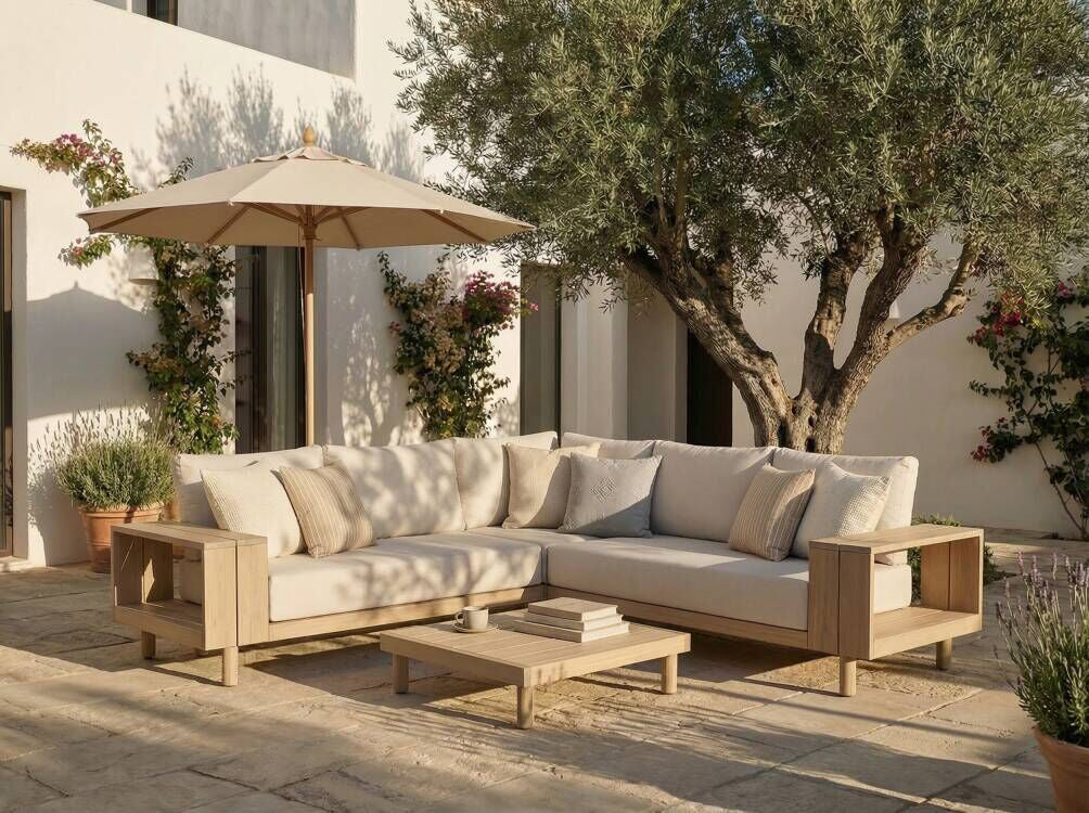 Kiri Wood Outdoor L-Shaped Sectional Sofa Set with Storage Side Table