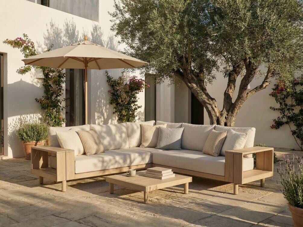 acacia wood Outdoor patio l-shaped sectional set with a square coffee table - Jardina Modern Premium Outdoor Patio Furniture Sets