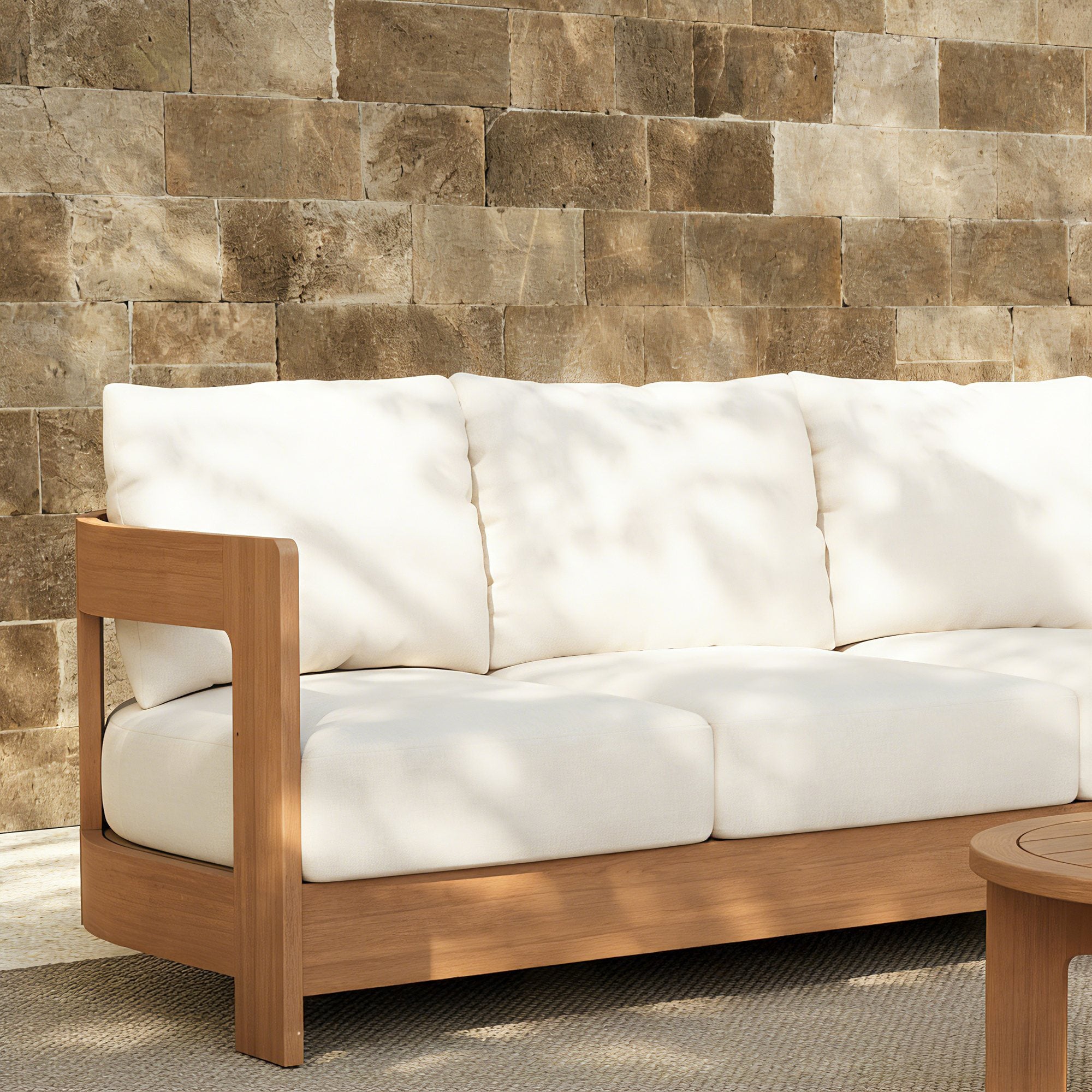 Sova 3-Seat Wood Outdoor Sofa, Eucalyptus Wood, Creamy White Olefin Cushion