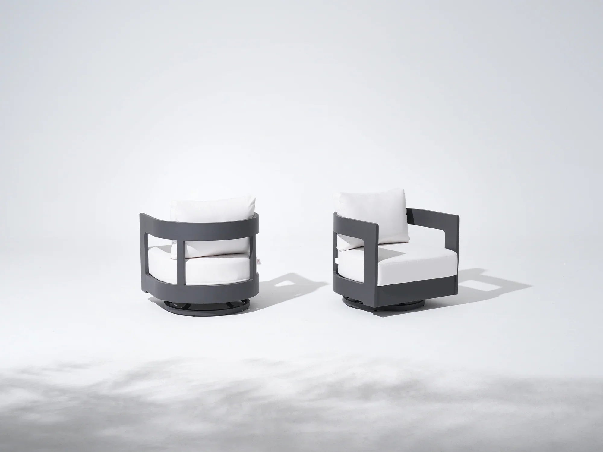 Aluminum Outdoor Swivel Chairs, Black Frame & White Sunbrella® Cushions