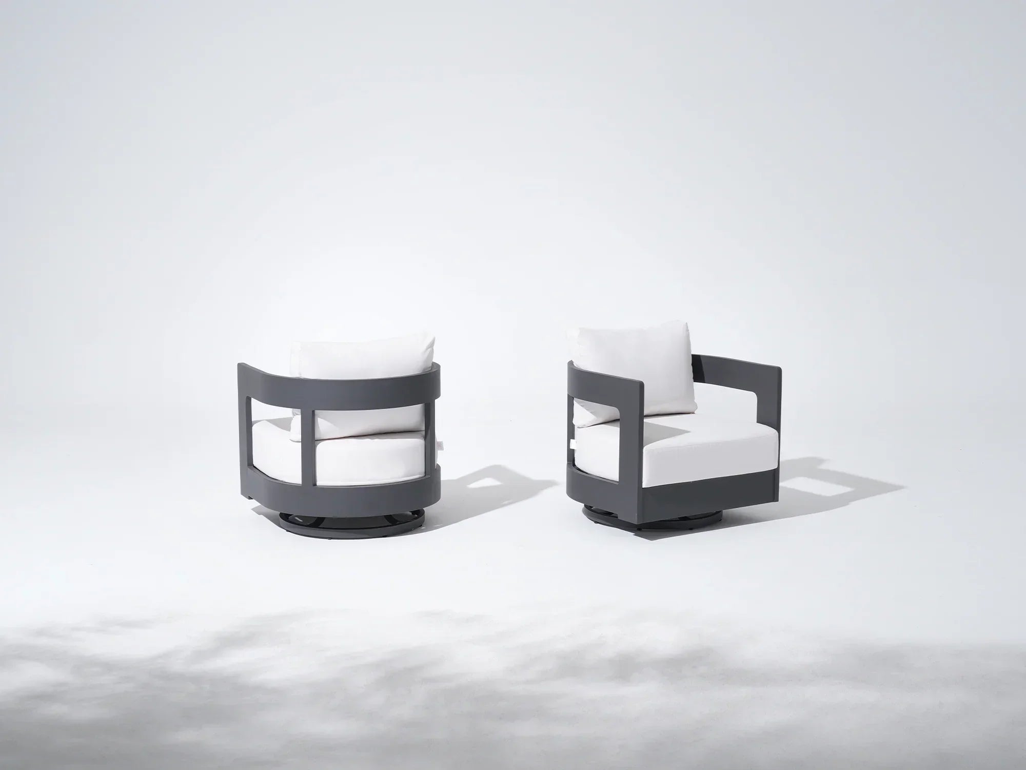 Aluminum Outdoor Swivel Chairs, Black Frame & White Sunbrella® Cushions