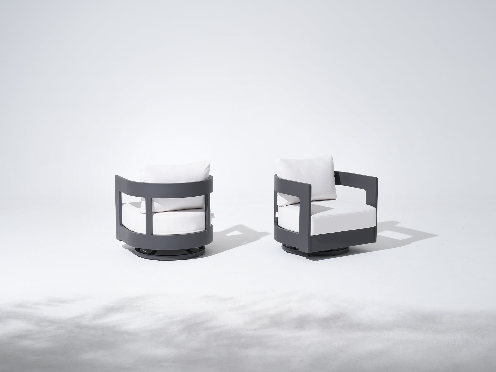 Aluminum Outdoor Swivel Chairs, Black Frame & White Sunbrella® Cushions