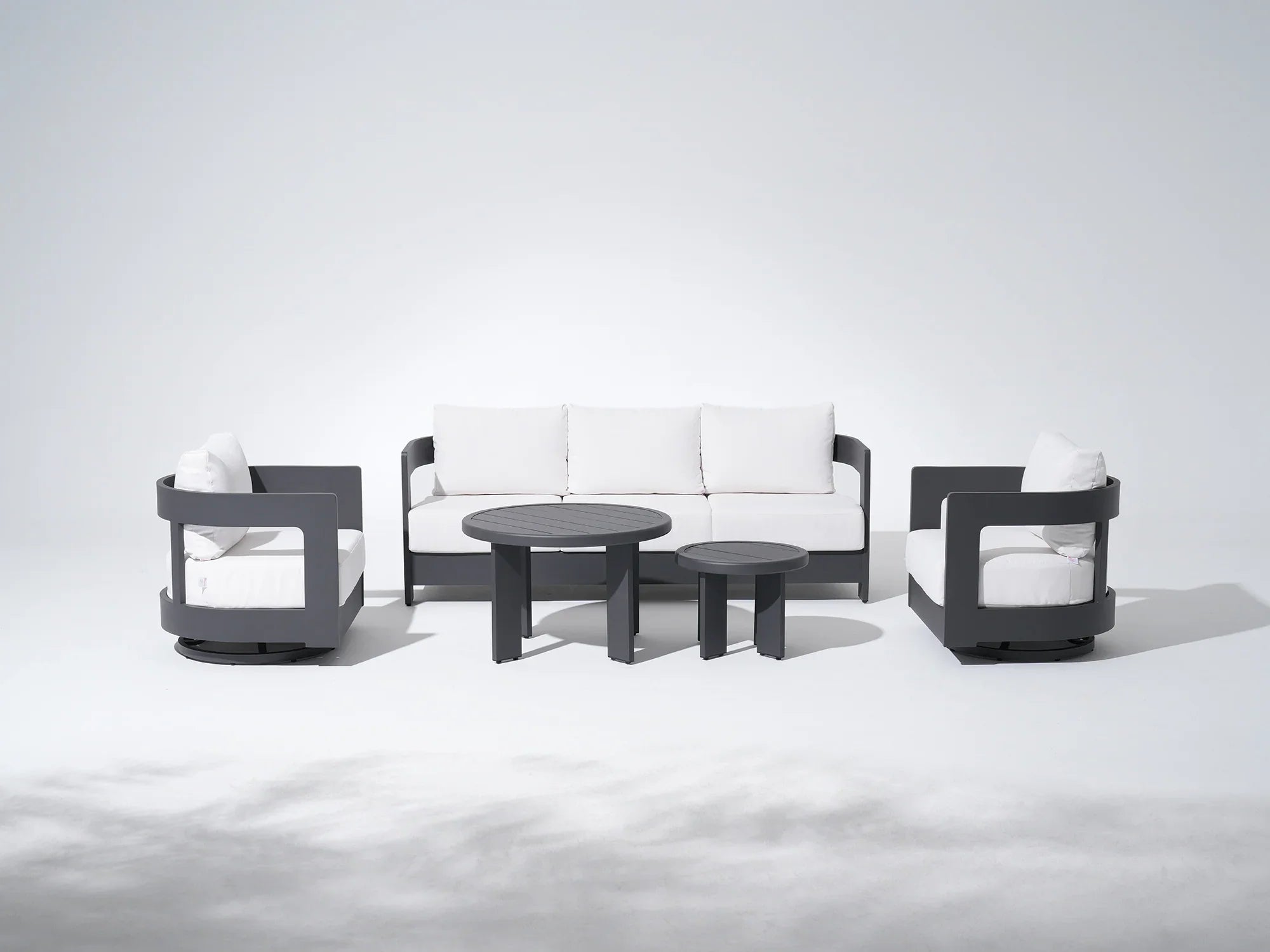 Modern Aluminum Outdoor furniture conversation Set with Swivel Chairs, Black Frame & White Sunbrella® Cushions
