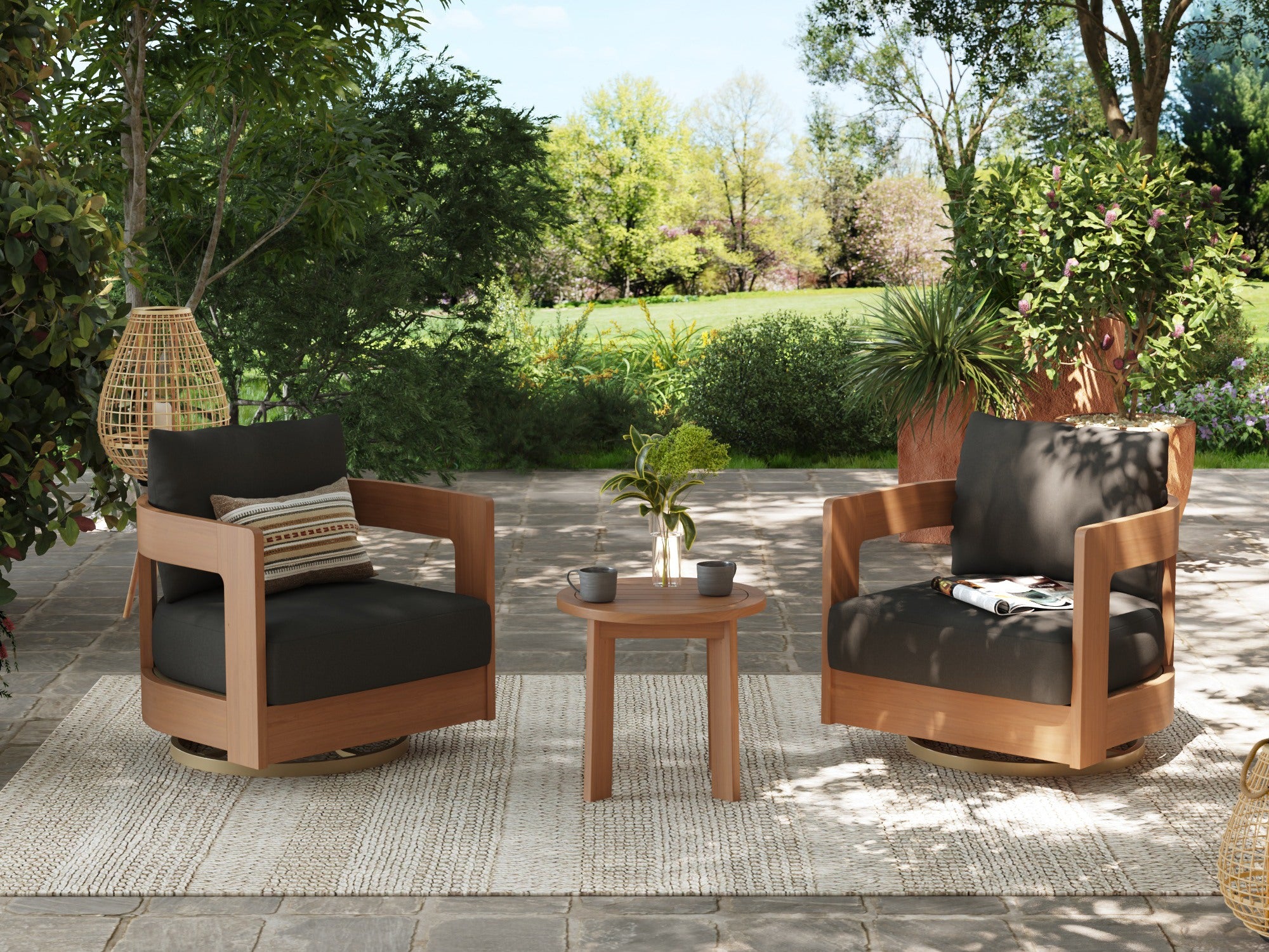 3-pc patio furniture set, Two Eucalyptus wooden swivel armchairs with dark cushions and a small round table - Jardina Modern Premium Outdoor Patio Furniture Set