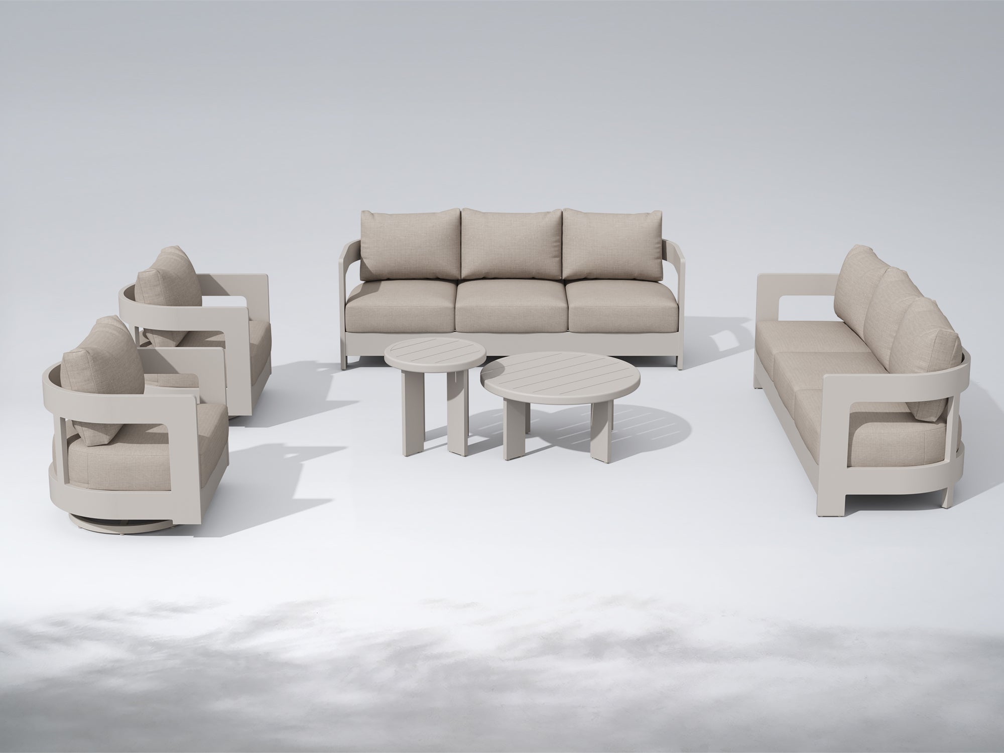 Sova Modern Aluminum Patio Conversation Set with Swivel Chairs, Mixed Tables, Light Beige Cushions