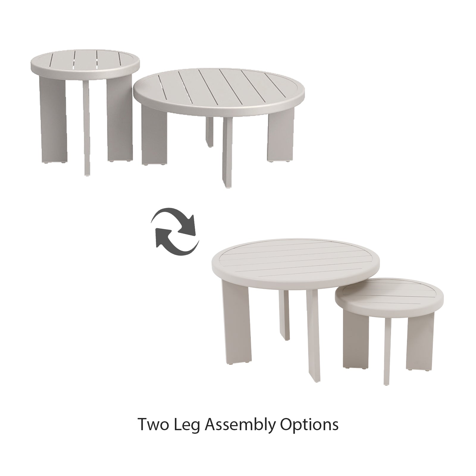 Set of round tables with two leg assembly options on a white background