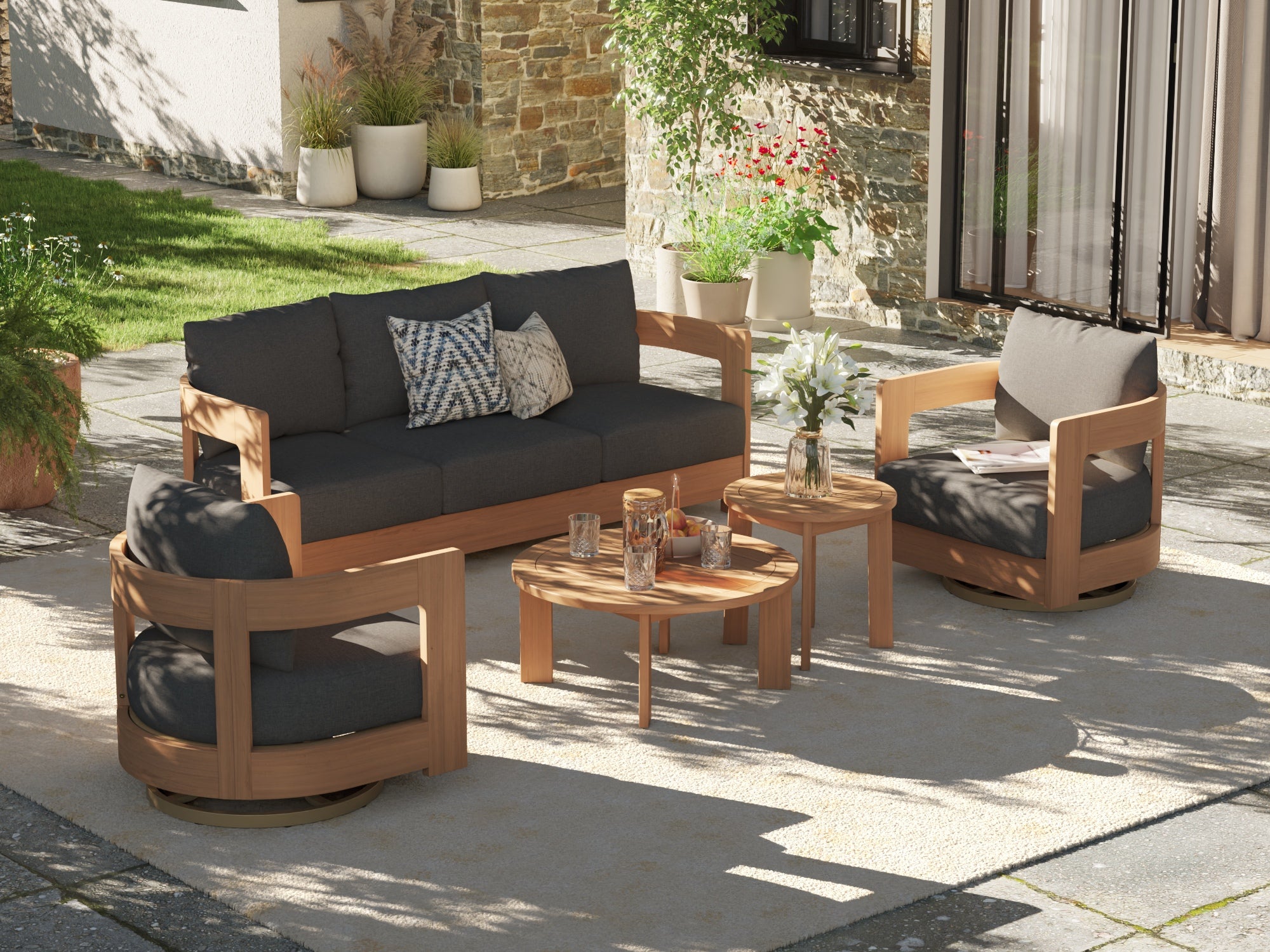 5 seats Eucalyptus Wood Outdoor patio conversation furniture set with black cushions - Jardina Modern Premium Outdoor Patio Furniture Set