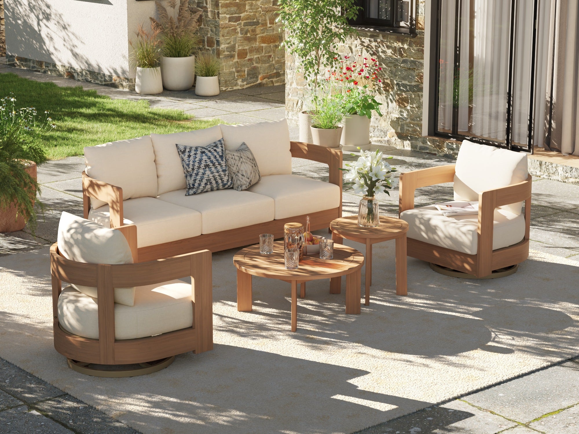 5 seats Eucalyptus Wood Outdoor patio furniture conversation set with beige cushions and swivel chairs - Jardina Modern Premium Outdoor Patio Furniture Set