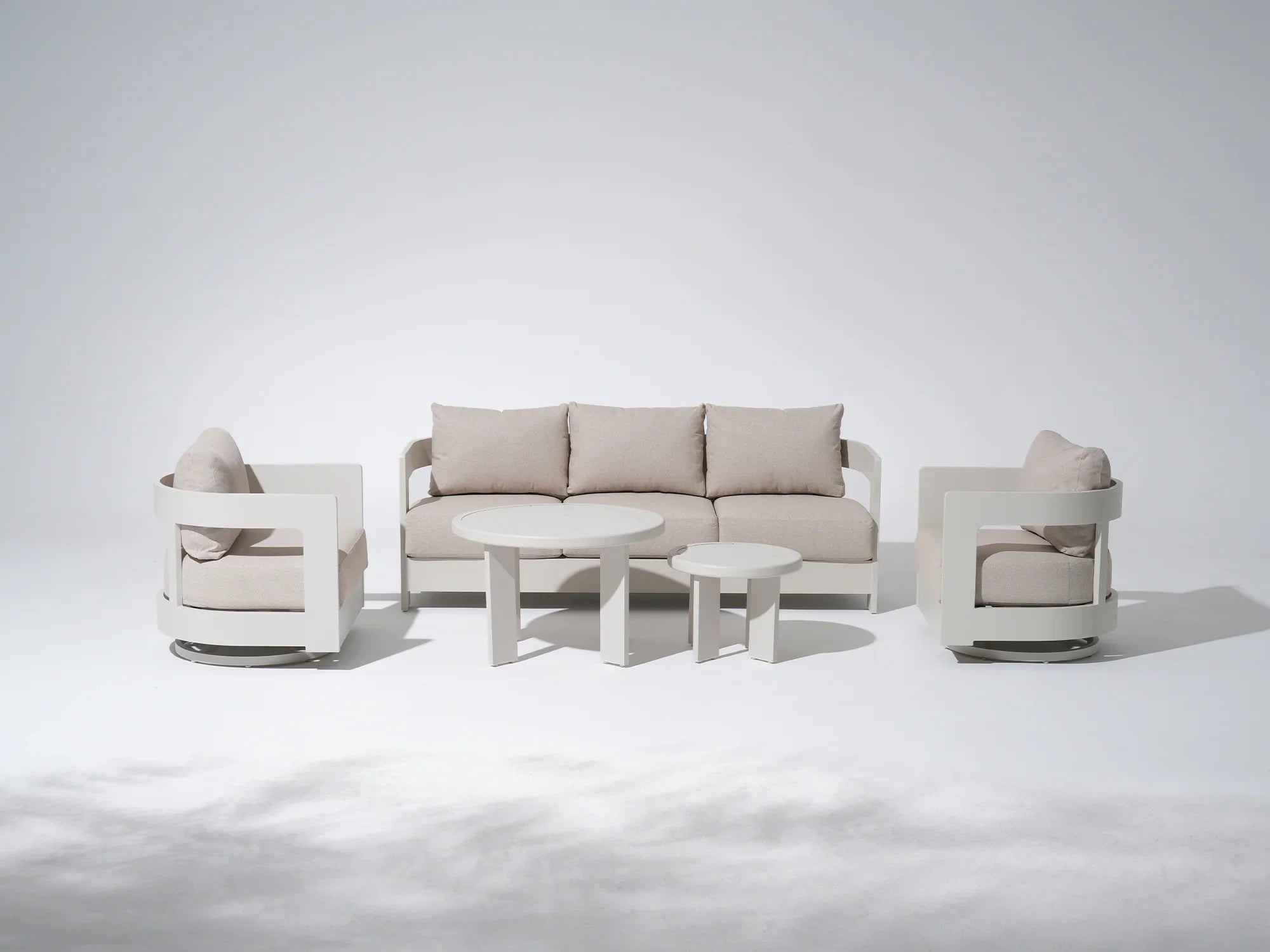Modern white Aluminum Outdoor Sofa Set with Swivel Chairs, Mixed Tables, Light Beige Cushions