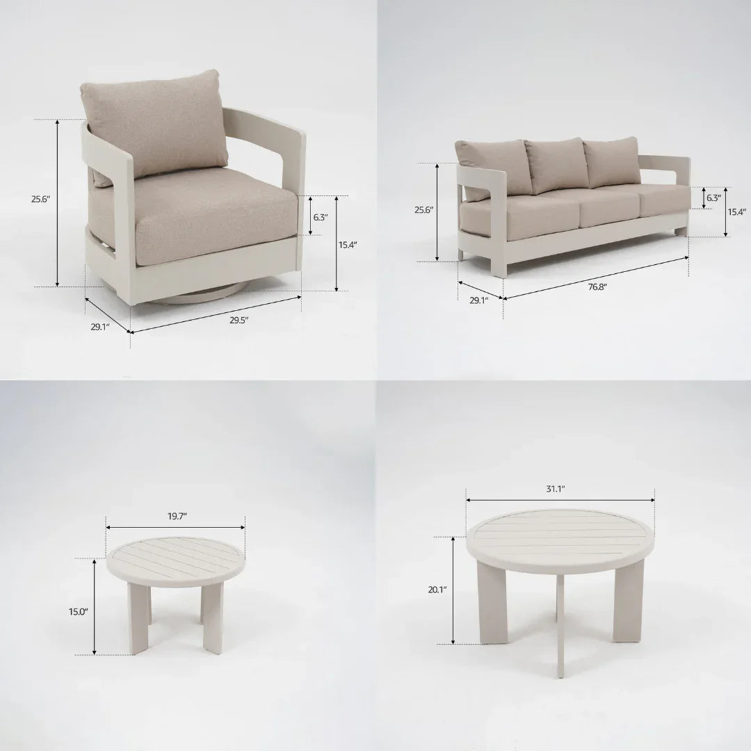 Sova Modern Aluminum Outdoor Sofa Set with Swivel Chairs, Mixed Tables, Light Beige Cushions