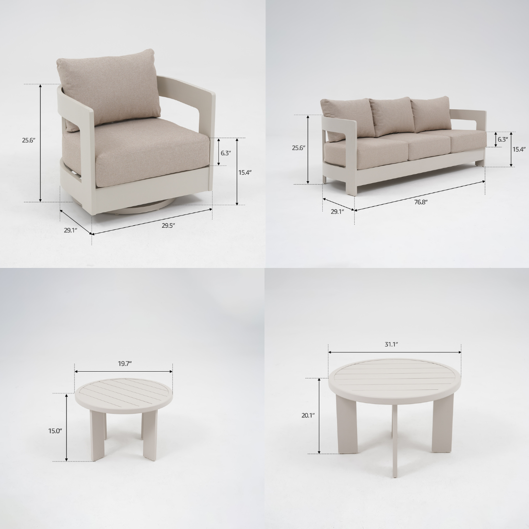 Dimensions of outdoor furniture including a chair, sofa, and two tables on a white background.