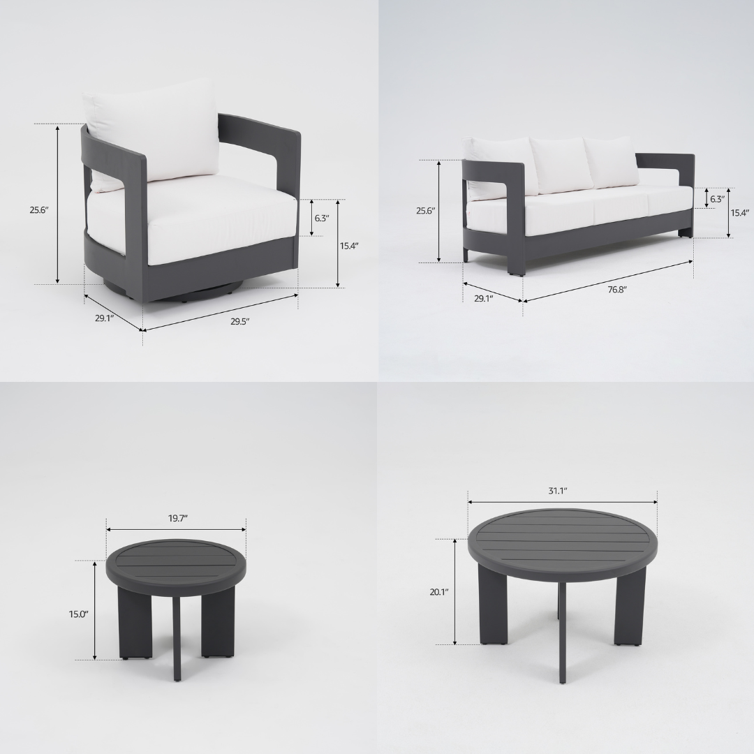 Sova Modern Aluminum Outdoor Sofa Set with Swivel Chairs, Black Frame & White Sunbrella® Cushions