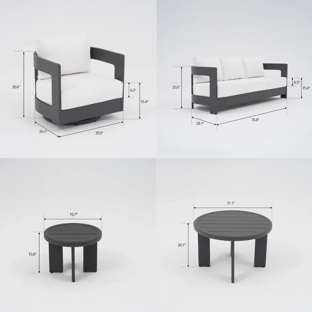 Sova Modern Aluminum Outdoor Sofa Set with Swivel Chairs, Black Frame & White Sunbrella® Cushions