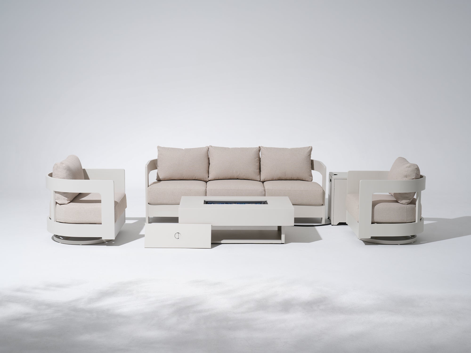 Sova Modern Aluminum Outdoor Sofa Set with Fire Pit, Swivel Chairs, Mixed Tables, Light Beige Cushions