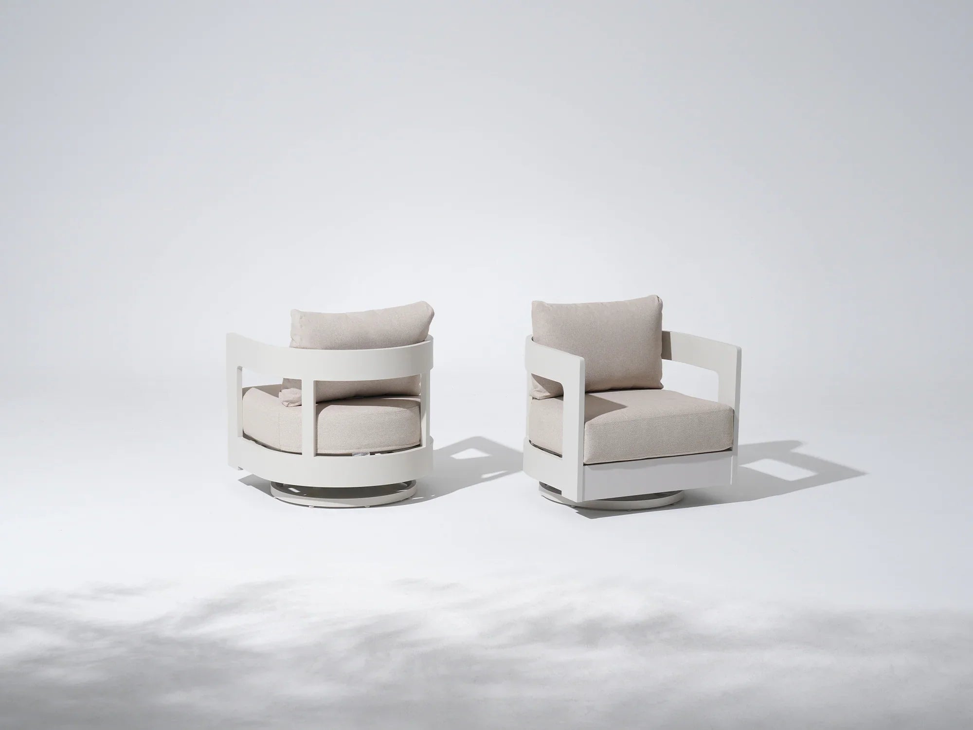 White Aluminum Swivel Chairs, Light Beige Frame & Linen Olefin Cushions