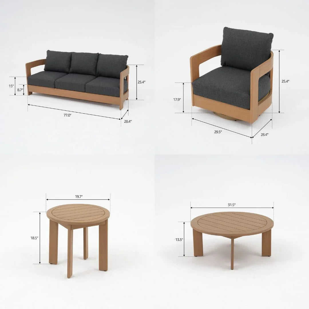 Sova Wood Outdoor Sofa Set with Swivel Chairs & Two Tables,Eucalyptus wood, Black Cushions