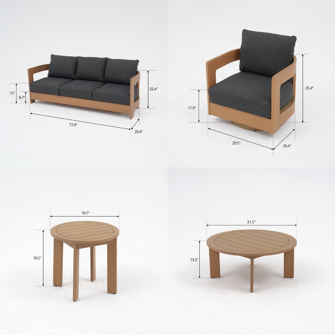 Sova Wood Outdoor Sofa Set with Swivel Chairs & Two Tables,Eucalyptus wood, Black Cushions