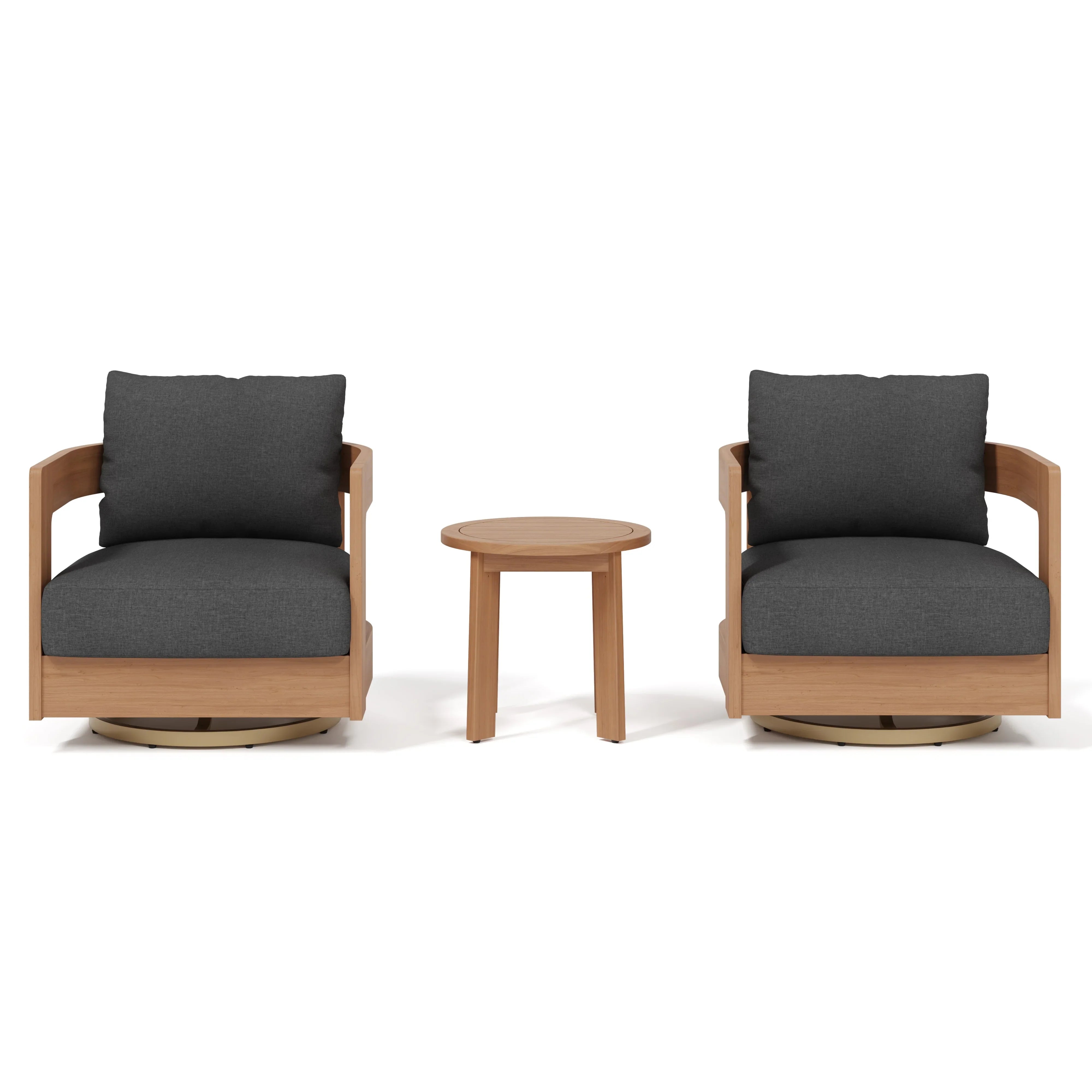 Sova 3-Piece Eucalyptus Wood Patio Bistro Set, Swivel Chairs, Black Cushions