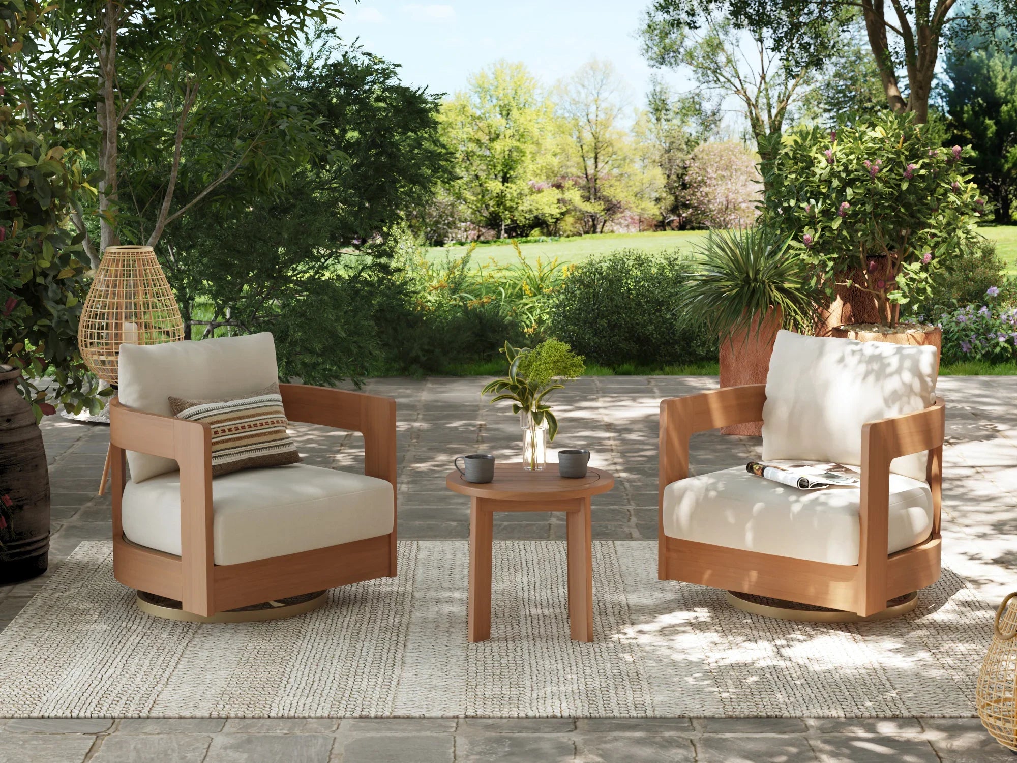 3-pc Outdoor patio set with two Eucalyptus wooden swivel chairs and a small round table #Color_White