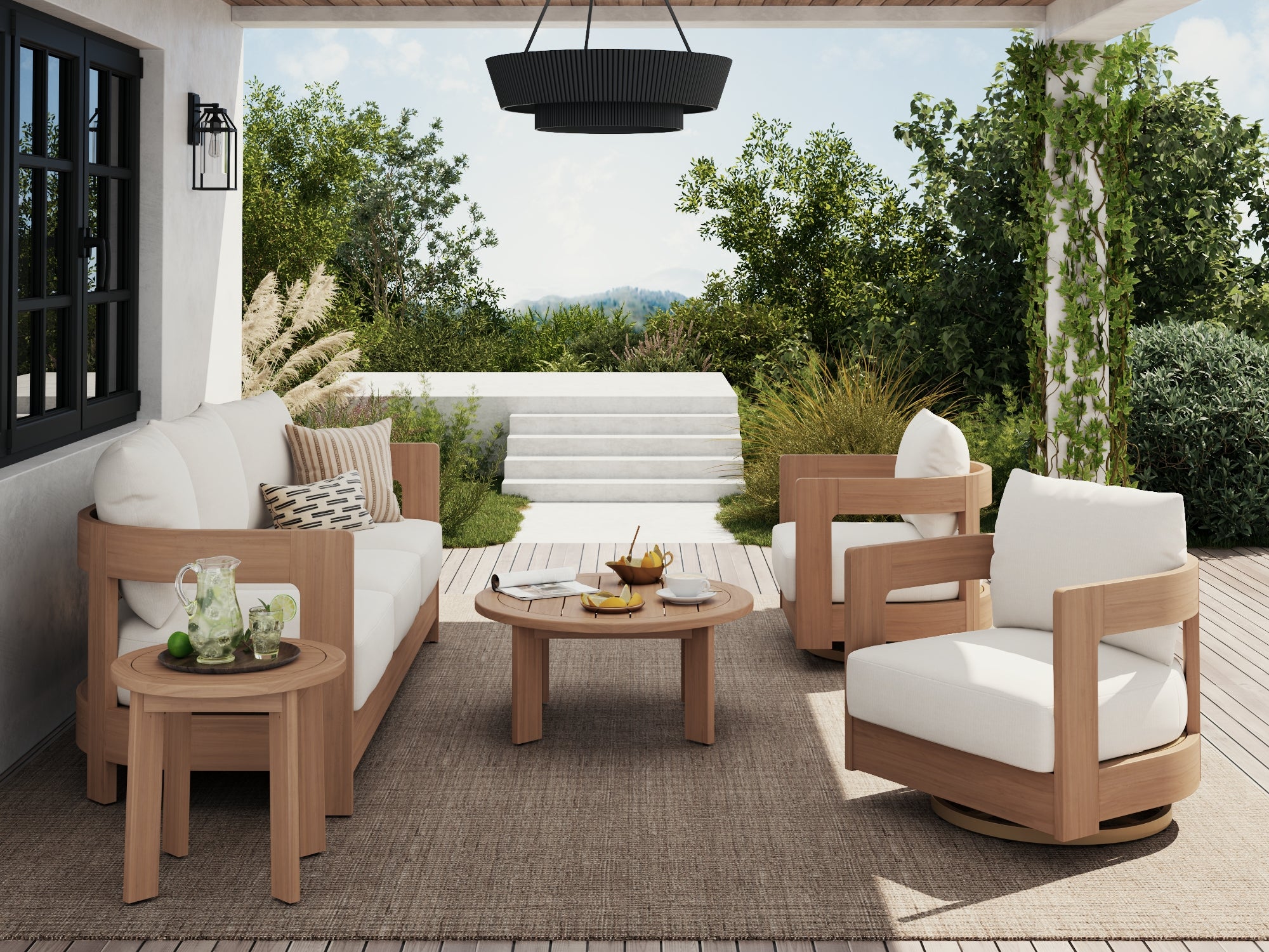 5-pc Eucalyptus wood Outdoor patio furniture set with two side tables and white cushions, swivel chairs - Jardina Modern Premium Outdoor Patio Furniture Set