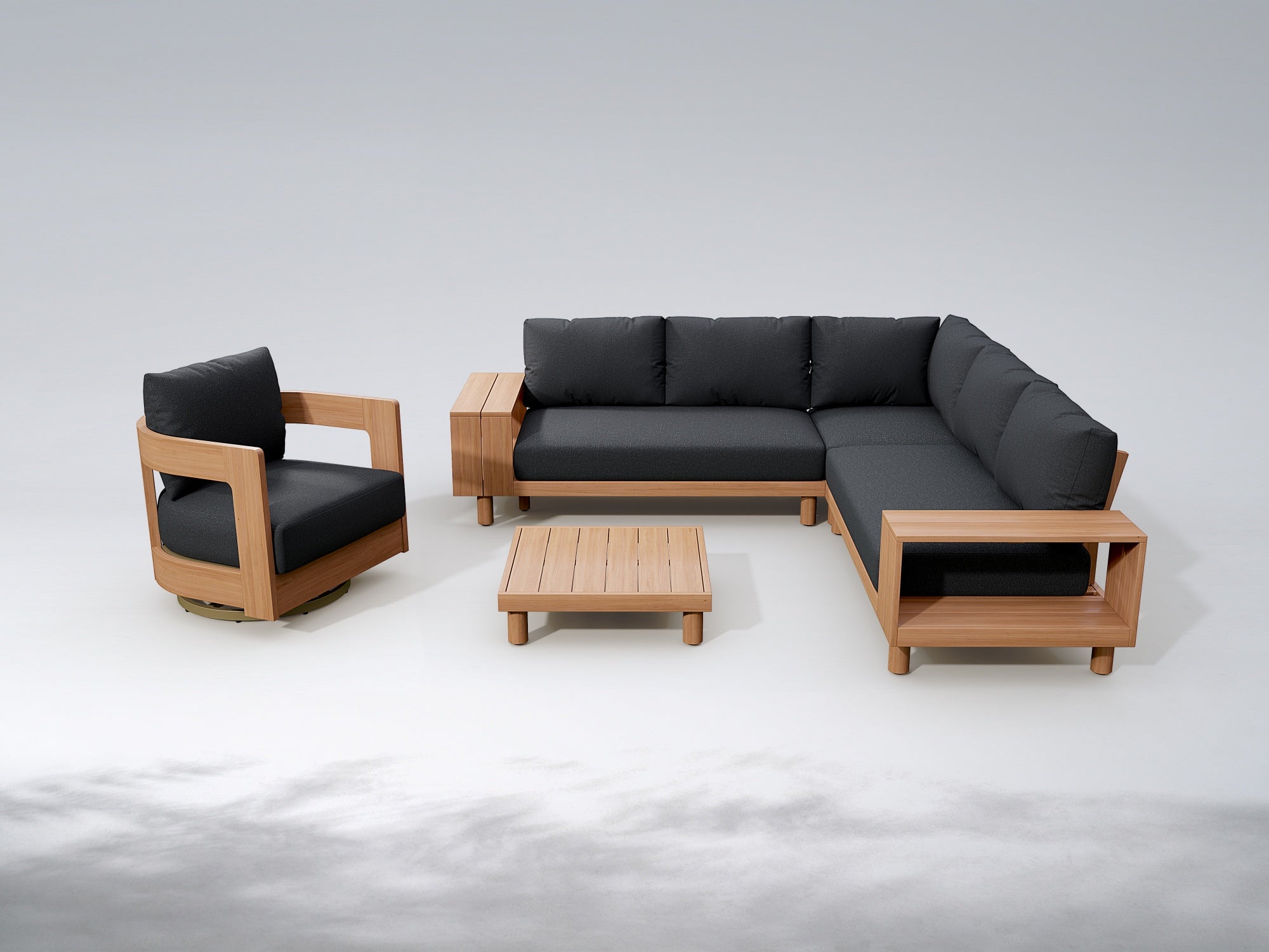 Sova Swivel × Kiri Modular Eucalyptus Lounge Set, Black Cushions