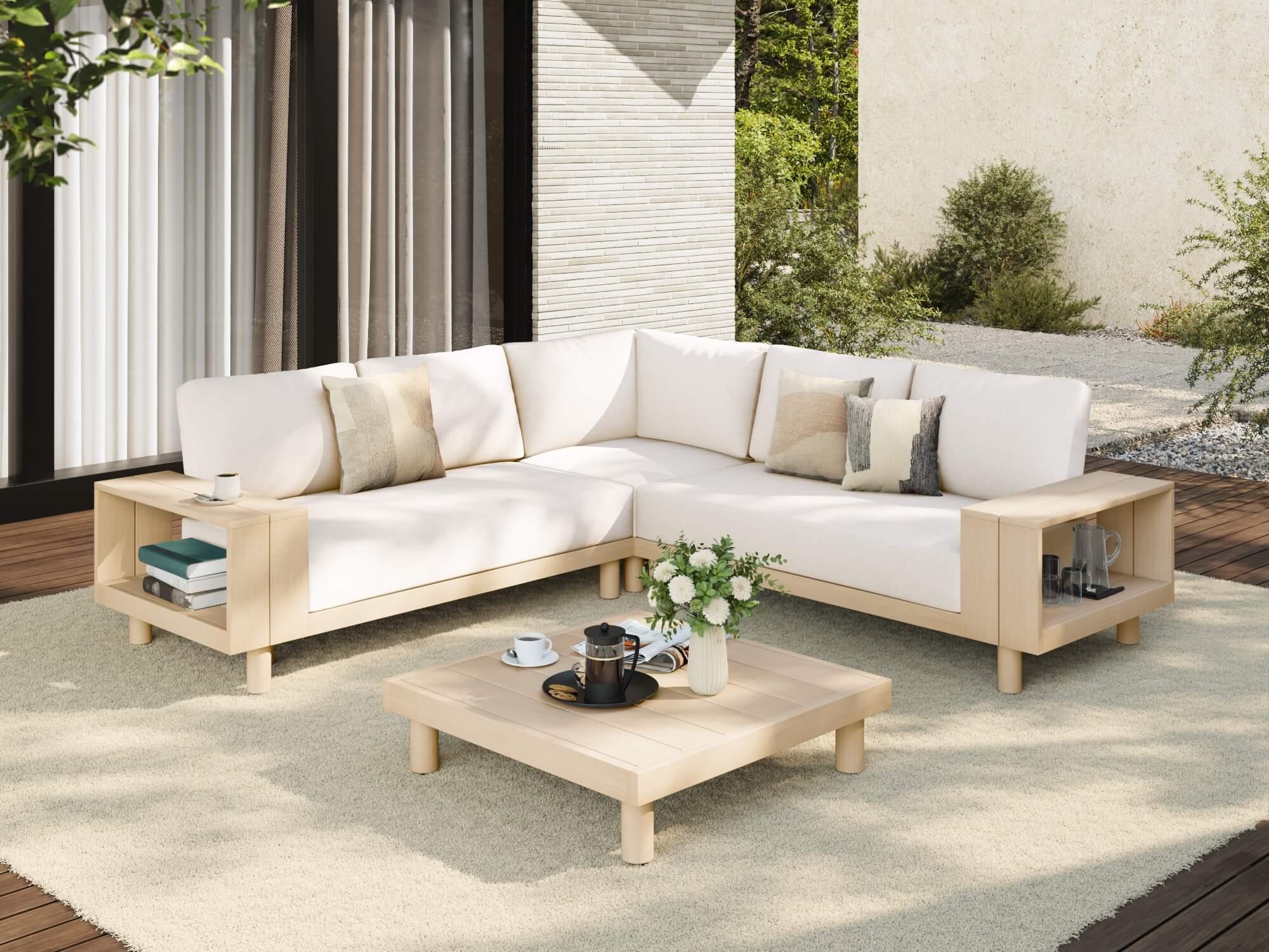 Sova acacia wood L-shaped outdoor sectional sofa set with white cushions - Jardina Modern Premium Outdoor Patio Furniture Sets#Color_White