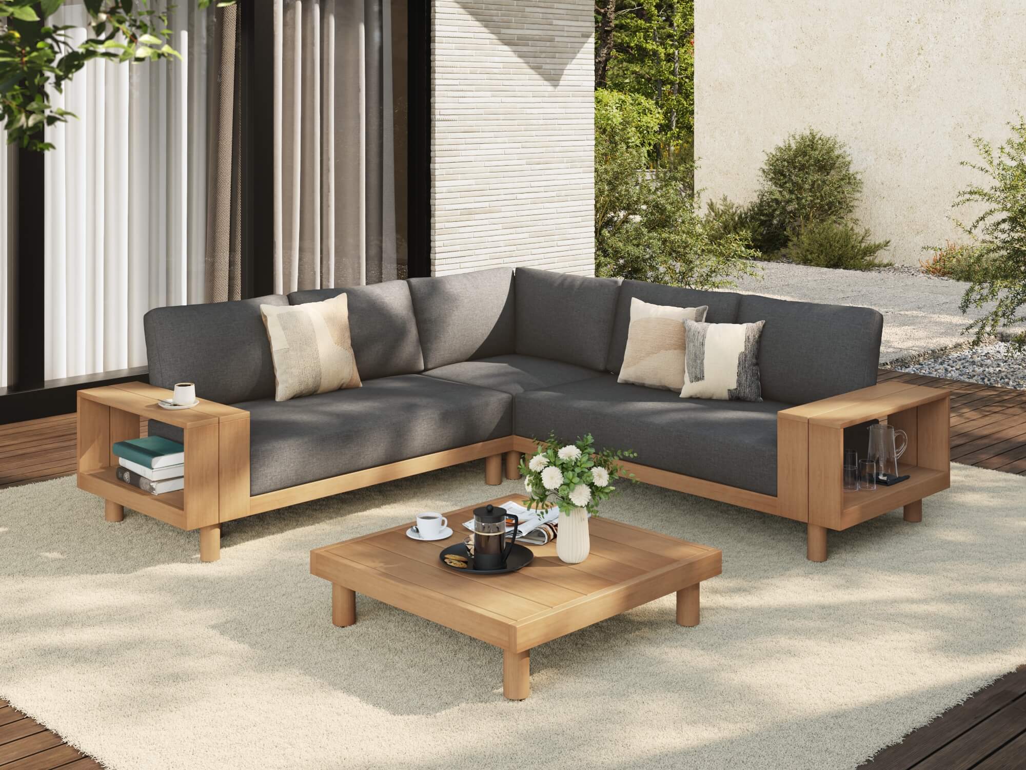 Sova wood L-shaped outdoor sectional sofa set with gray cushions#Color_Black