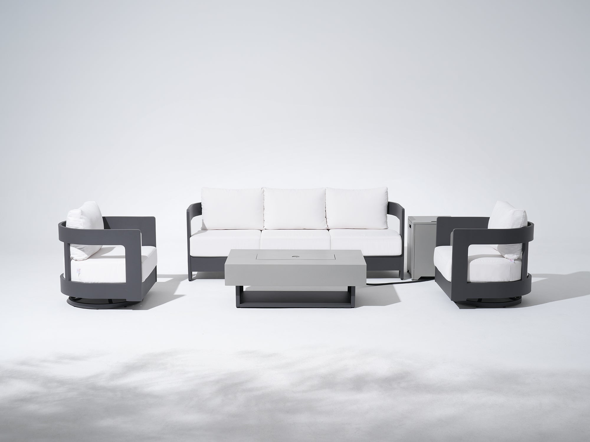 Sova Modern Aluminum Outdoor Sofa Set with Fire Pit, Swivel Chairs, Black Frame & White Sunbrella® Cushions