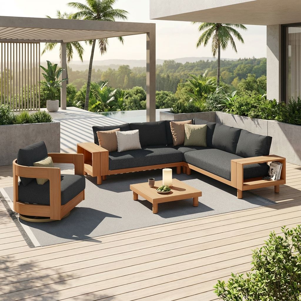 Eucalyptus Wood L-shaped Outdoor patio furniture sectional set with a swivel armchair on a wooden deck, black cushions - Jardina Modern Premium Outdoor Patio Furniture Set