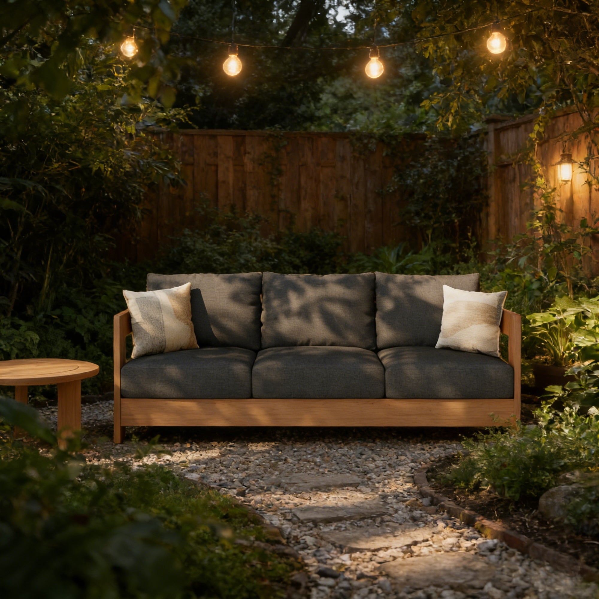 Sova 3-Seat Wood Outdoor Sofa, Eucalyptus Wood, Creamy White & Black Cushion