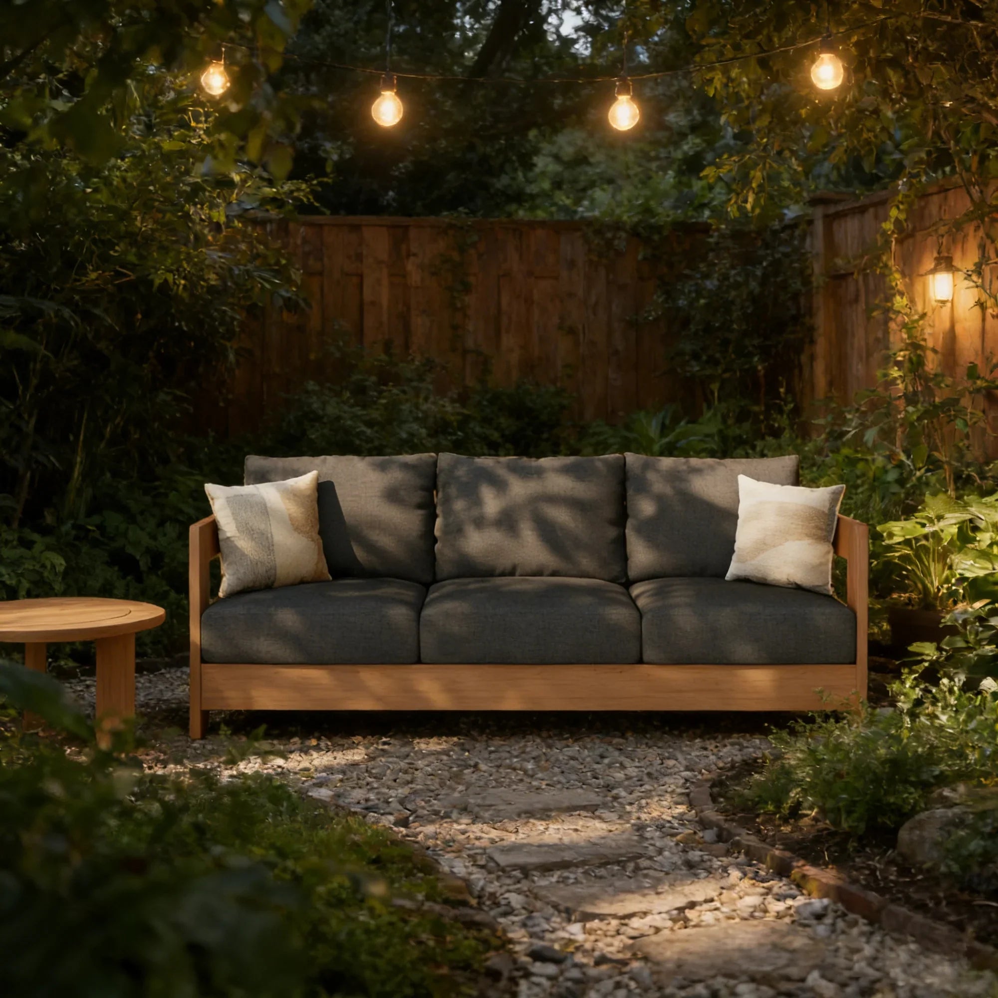 Eucalyptus Wood outdoor couch with black cushions - Jardina Modern Premium Outdoor Patio Furniture