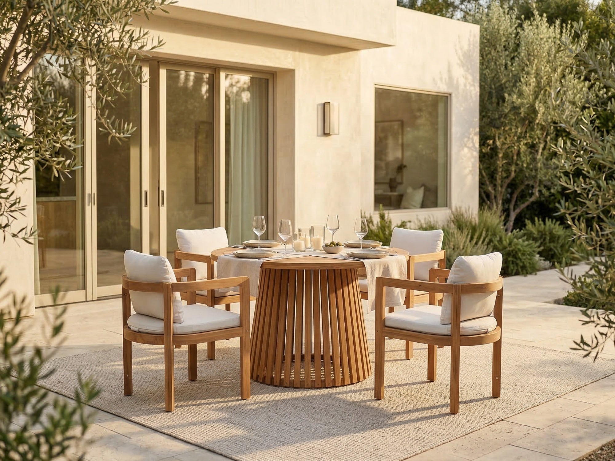 Outdoor dining setfor 4 with round wooden table and chairs - Jardina Premium Modern Outdoor Dining Furniture