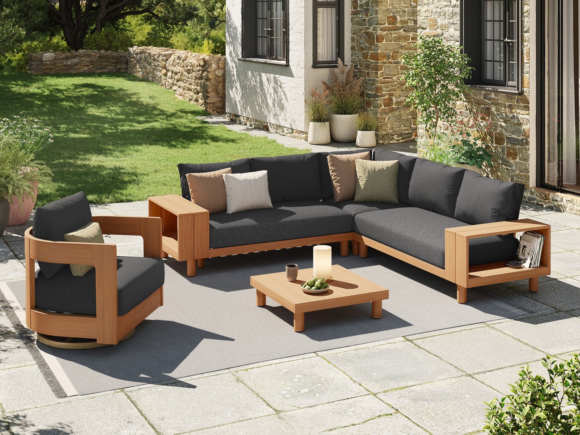 L-shaped Eucalyptus Wood Outdoor patio furniture sectional set with black cushions and a swivel chair - Jardina Modern Premium Outdoor Patio Furniture Set