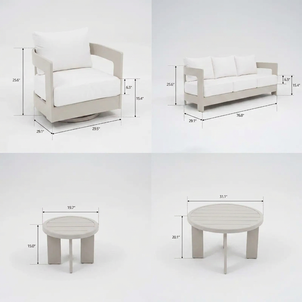 Four-piece outdoor patio furniture set shown in a clean studio layout with dimension callouts. The set includes a round coffee table, a low round side table, a swivel armchair, and a loveseat, all in a light warm gray or off-white finish with white cushions.