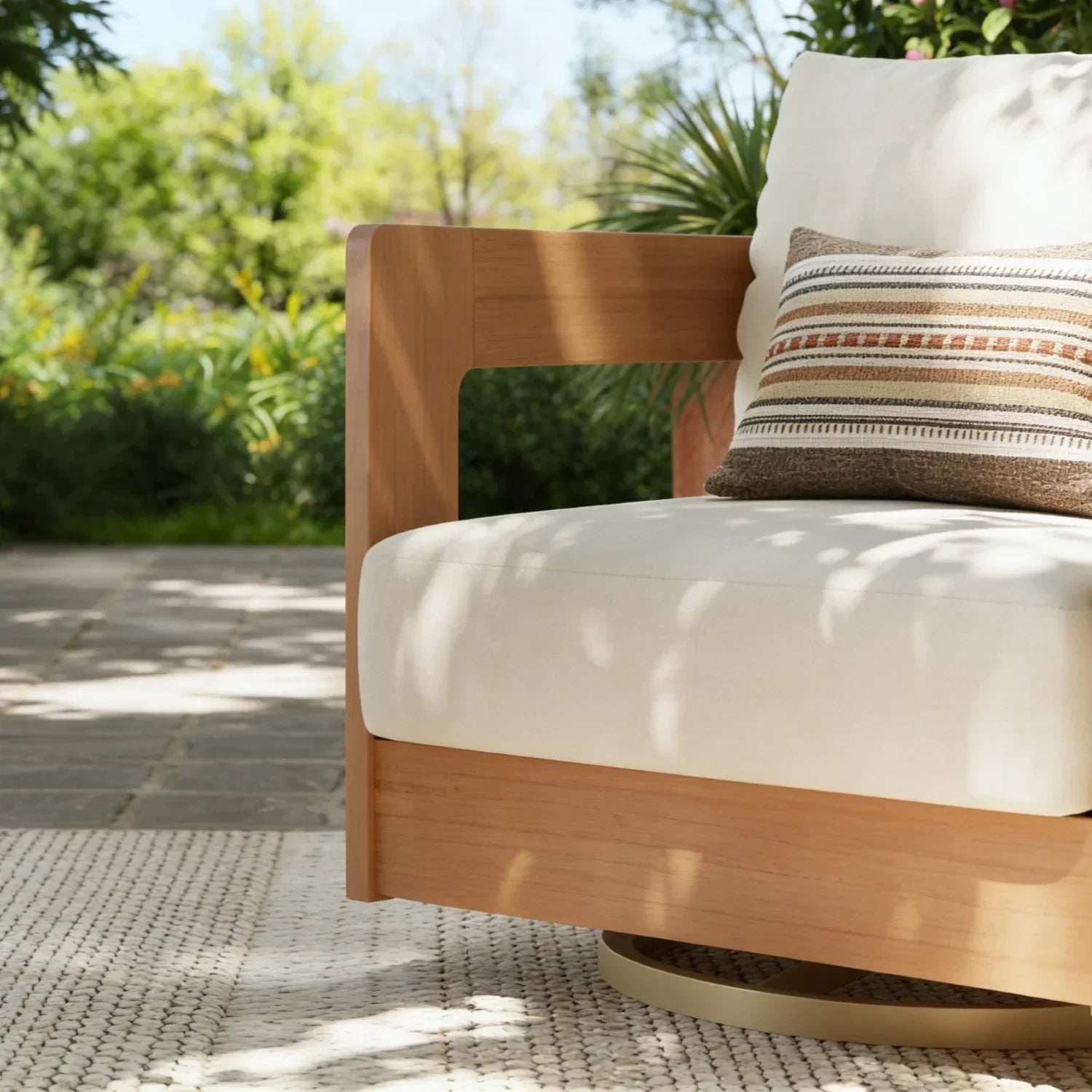 Eucalyptus Wooden outdoor swivel chair with white cushion, side angle