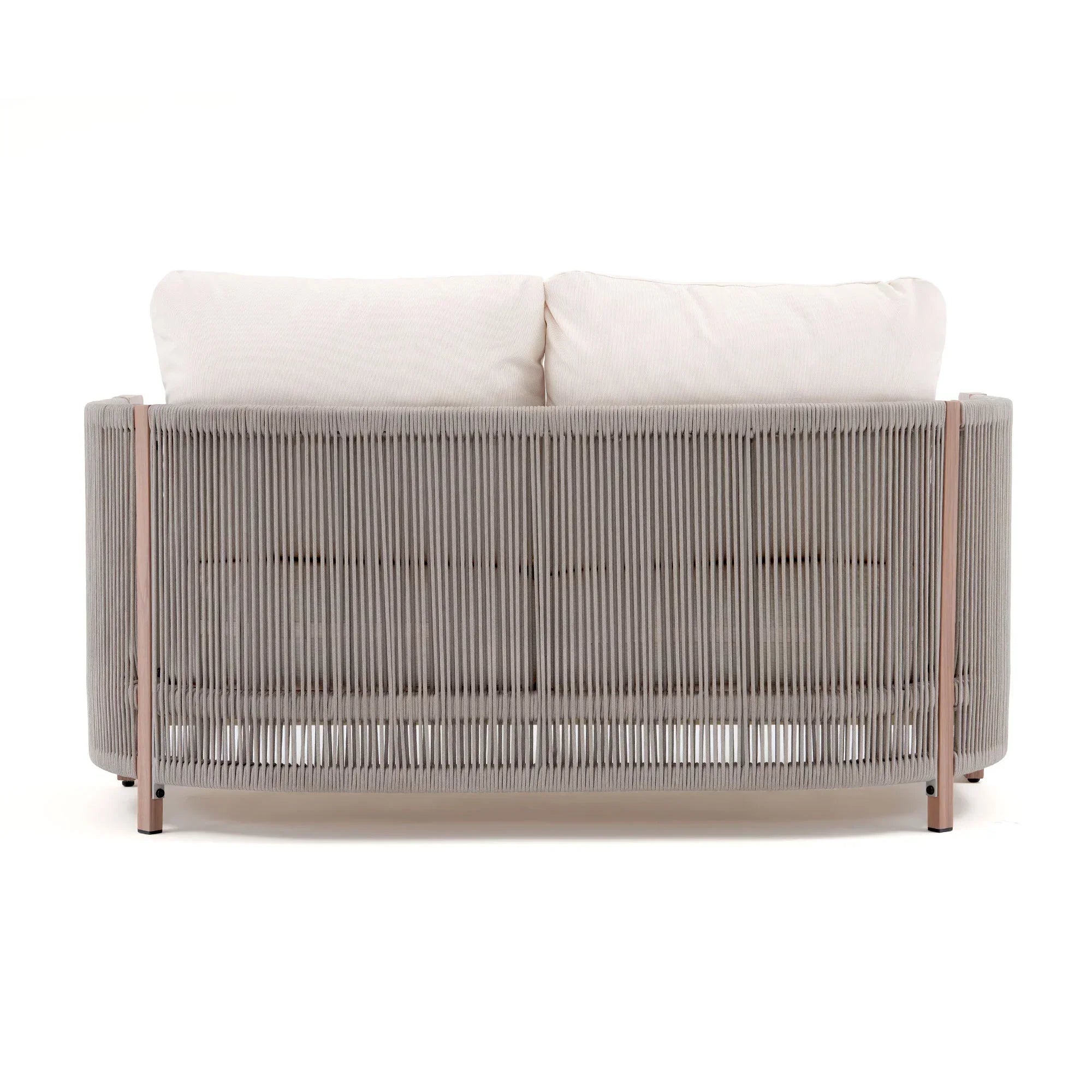 Sofa with white cushions and a metal frame, rope design back detail