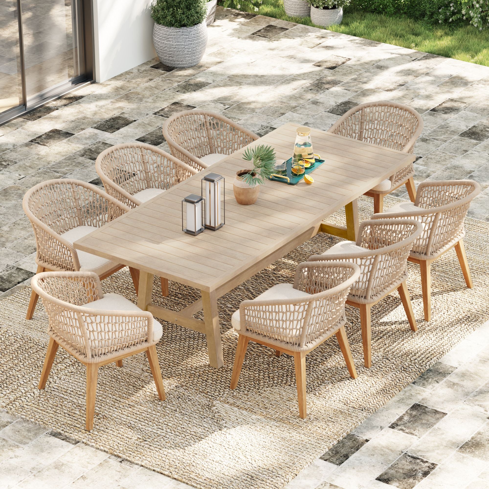 beige outdoor dining set for 8 with rope design and acacia wood frame- Jardina Modern Premium Patio Outdoor Furniture#Color_Beige